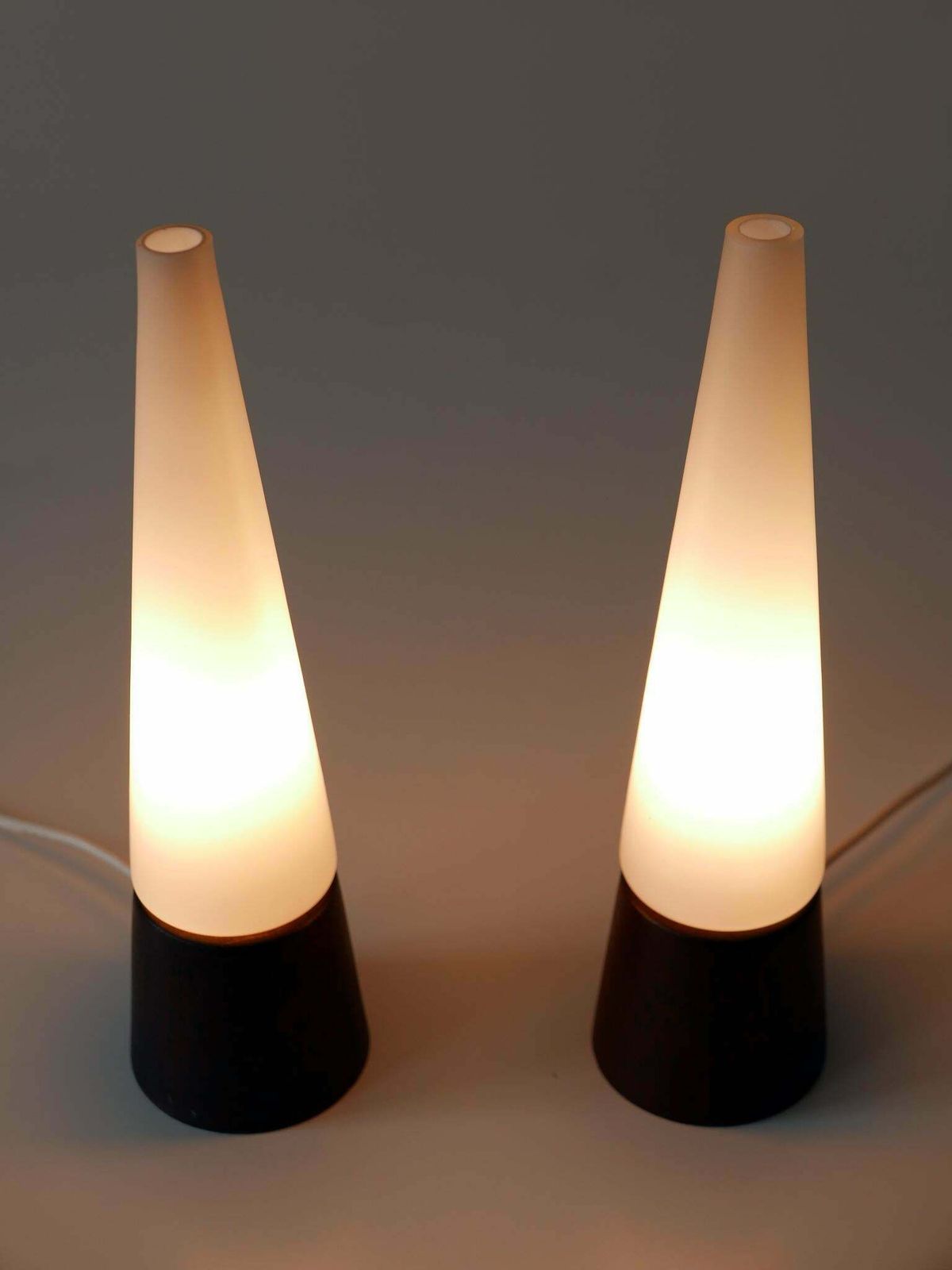 Set Of Two Mid Century Modern Opaline Glass & Teak Table Lamps Scandinavia 1960s photo vinterior