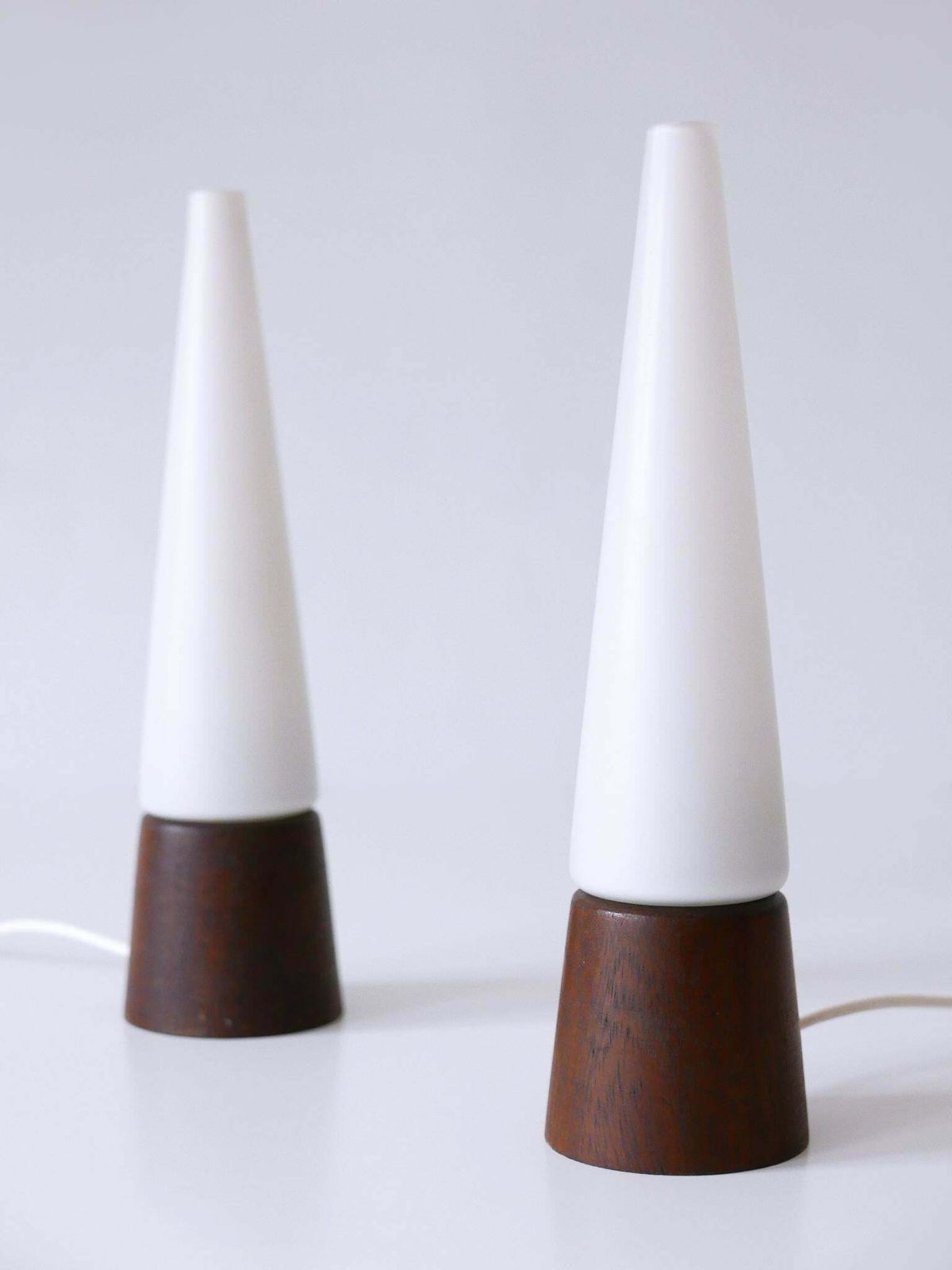 Set Of Two Mid Century Modern Opaline Glass & Teak Table Lamps Scandinavia 1960s photo buy