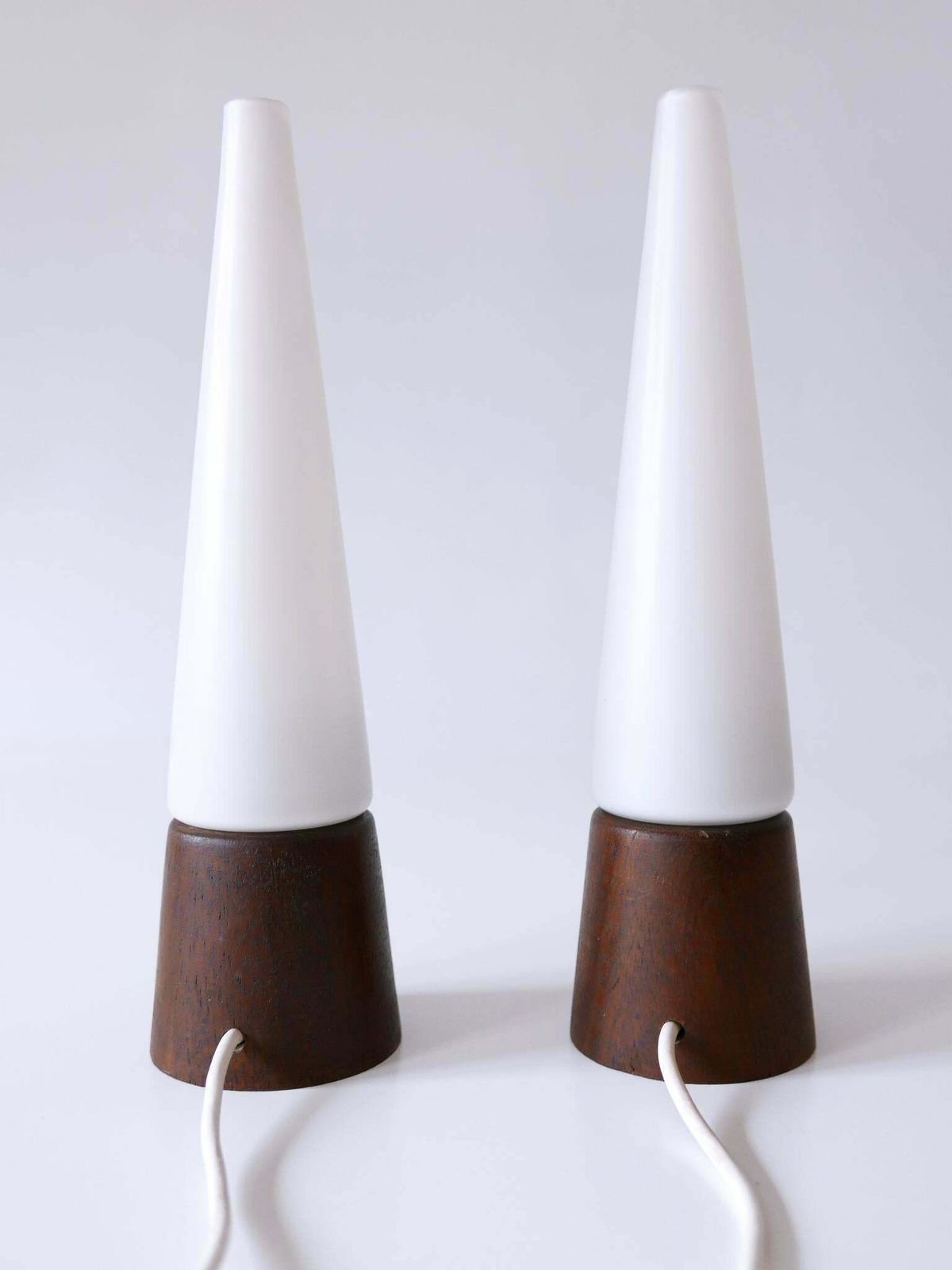 photo for sale Set Of Two Mid Century Modern Opaline Glass & Teak Table Lamps Scandinavia 1960s