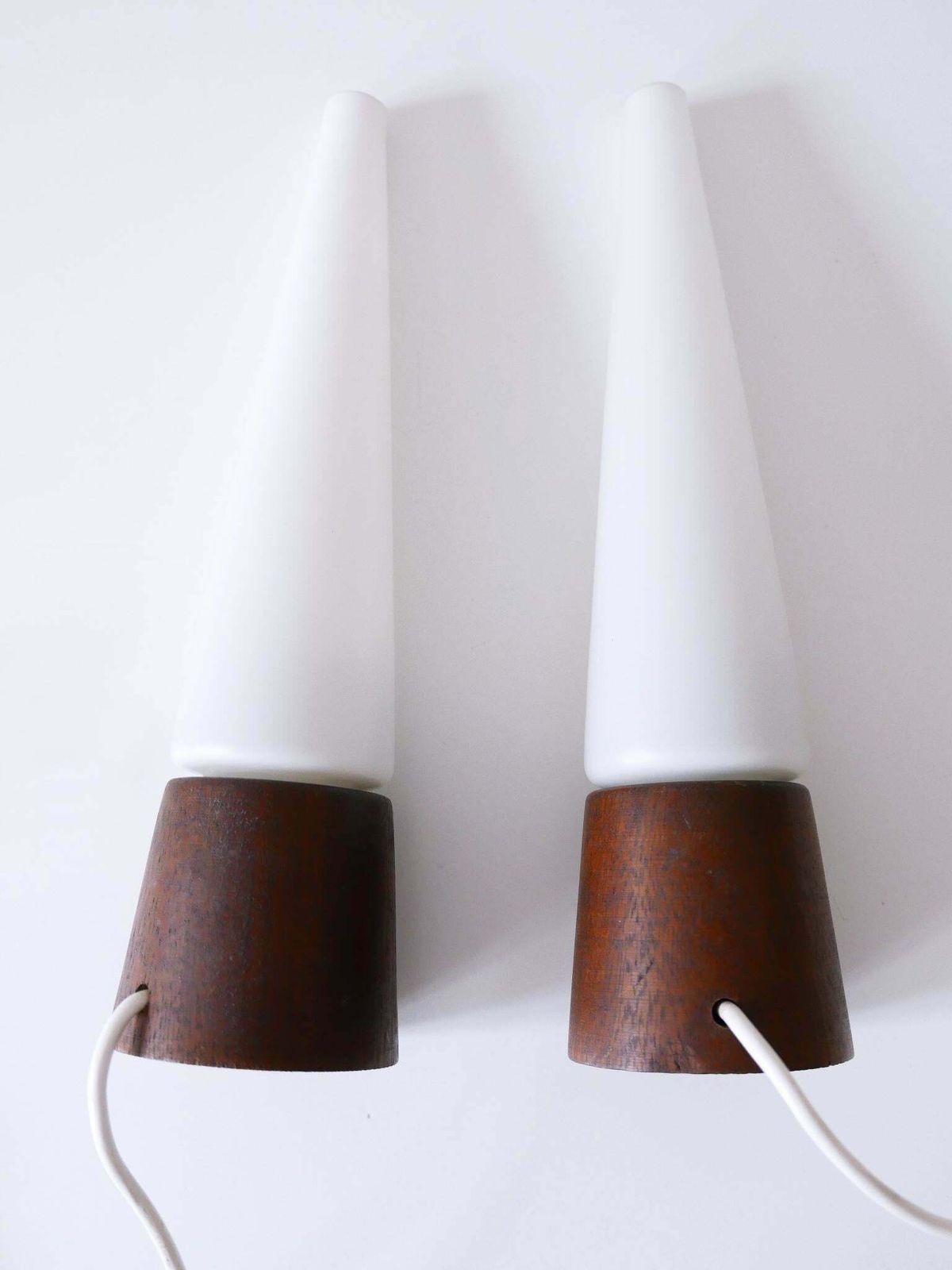 1634.0 Set Of Two Mid Century Modern Opaline Glass & Teak Table Lamps Scandinavia 1960s photo