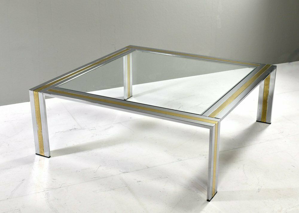 Square Coffee Table In Brass, Chrome And Glass By Renato Zevi, Italy, 1970s photo Furniture
