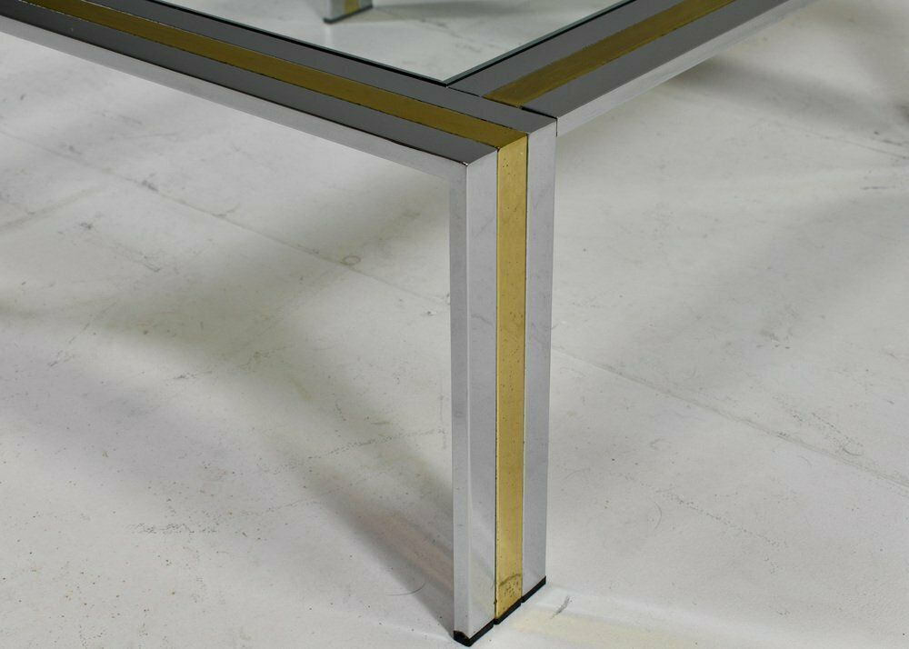 photo buy Square Coffee Table In Brass, Chrome And Glass By Renato Zevi, Italy, 1970s