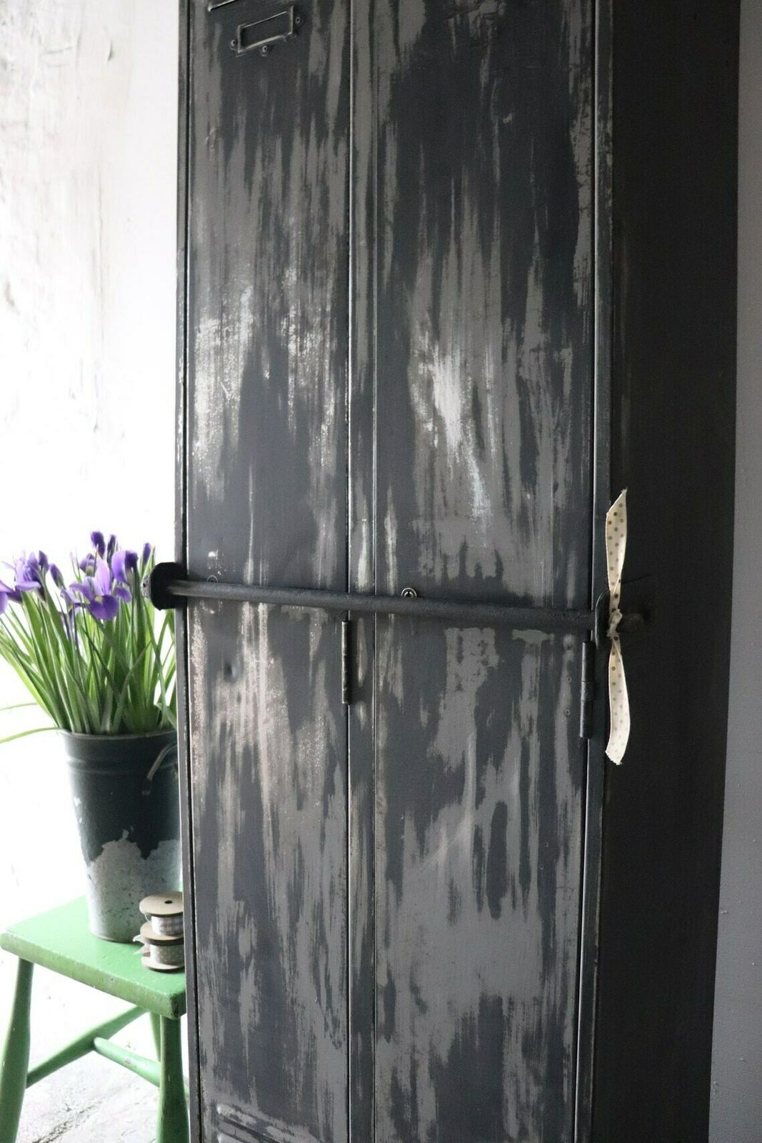 Tall Vintage Metal Painted Double Locker Or Coat Cupboard With Distressed Paintwork In Black And Grey photo Furniture