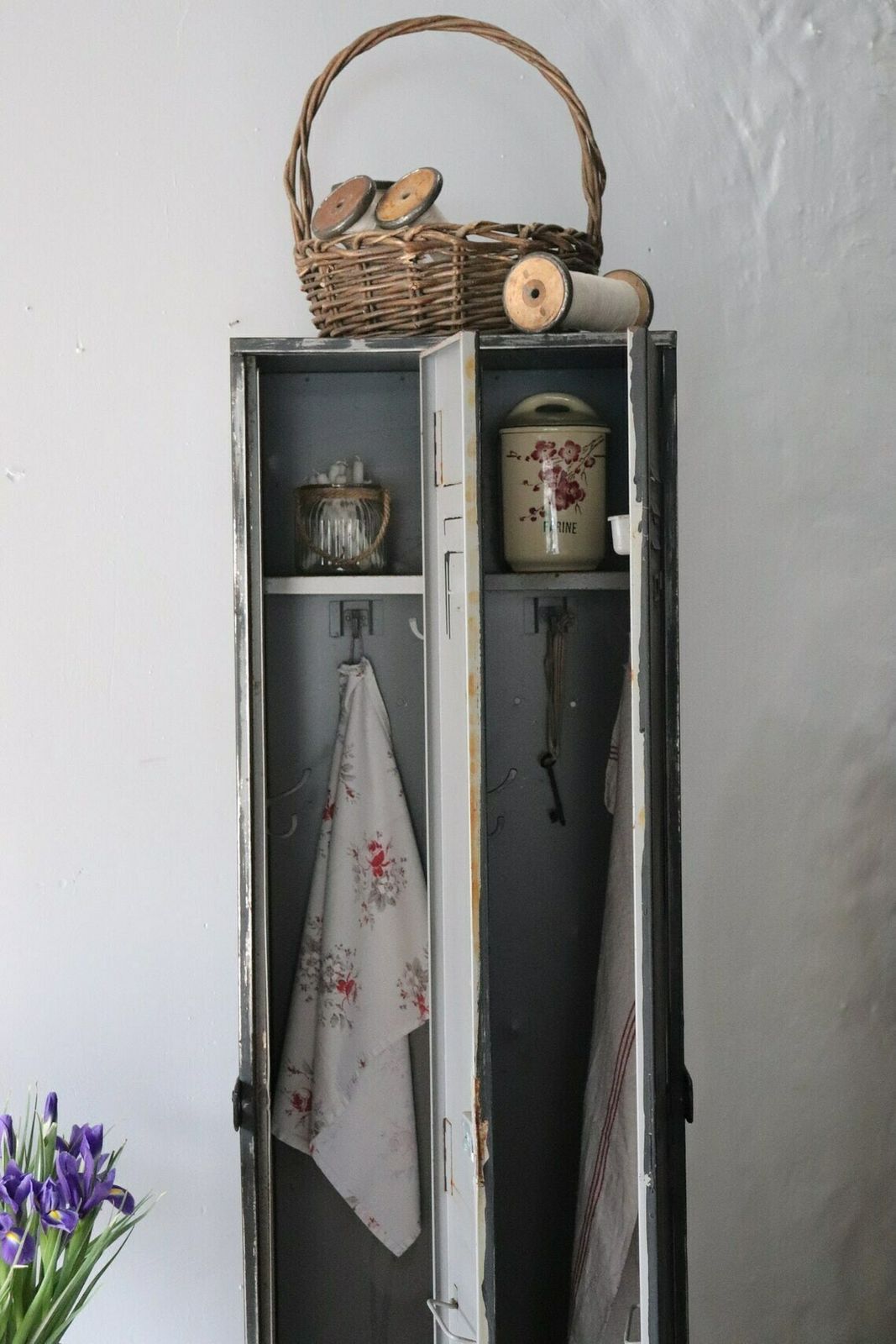 Tall Vintage Metal Painted Double Locker Or Coat Cupboard With Distressed Paintwork In Black And Grey photo buy