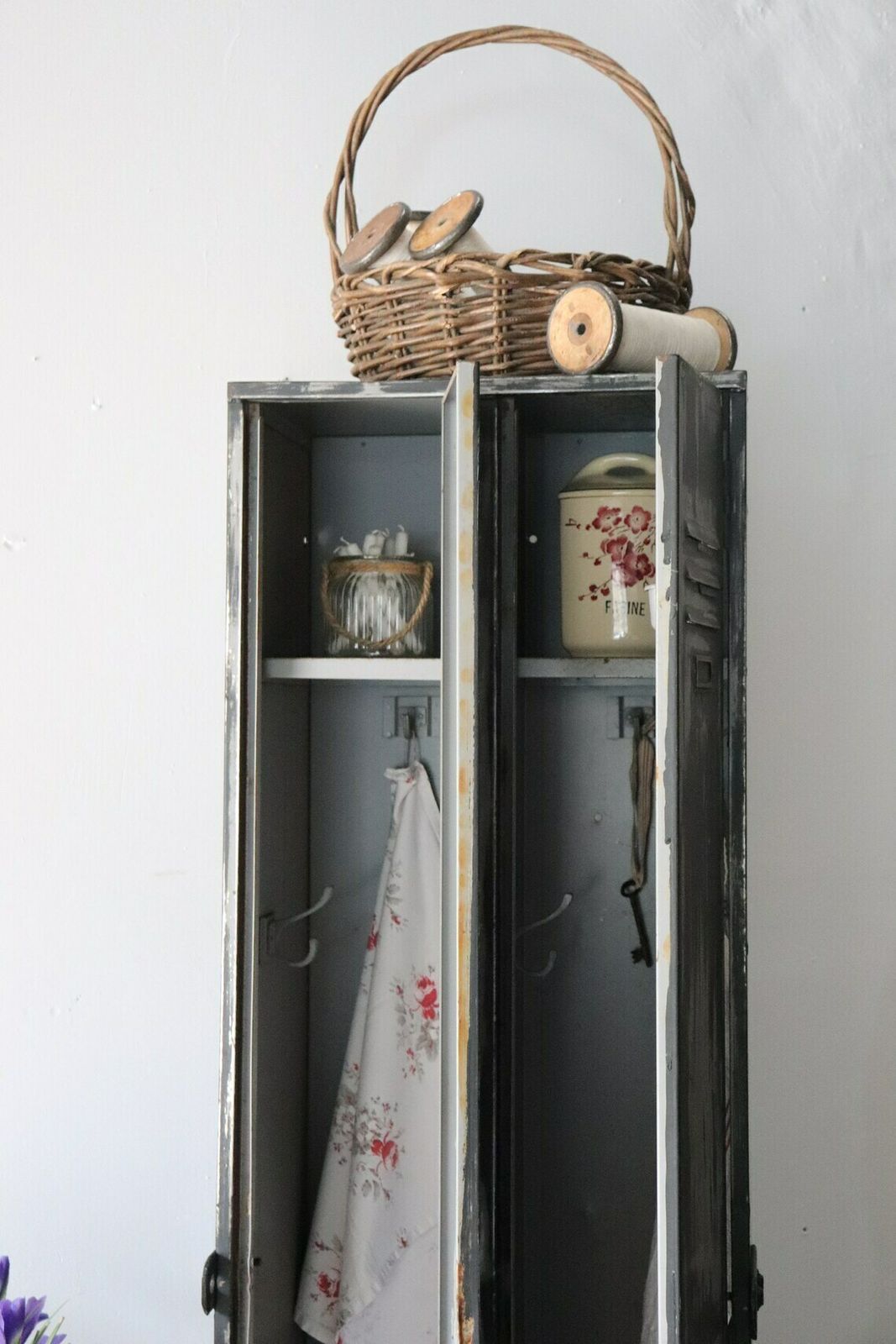 Tall Vintage Metal Painted Double Locker Or Coat Cupboard With Distressed Paintwork In Black And Grey photo vintage