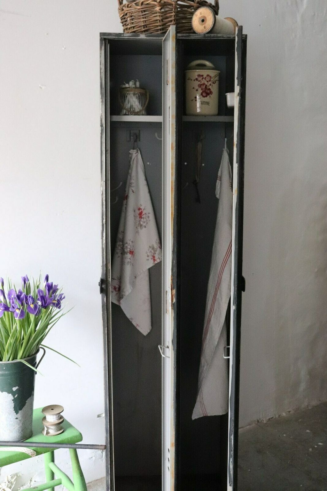 photo furniture Tall Vintage Metal Painted Double Locker Or Coat Cupboard With Distressed Paintwork In Black And Grey