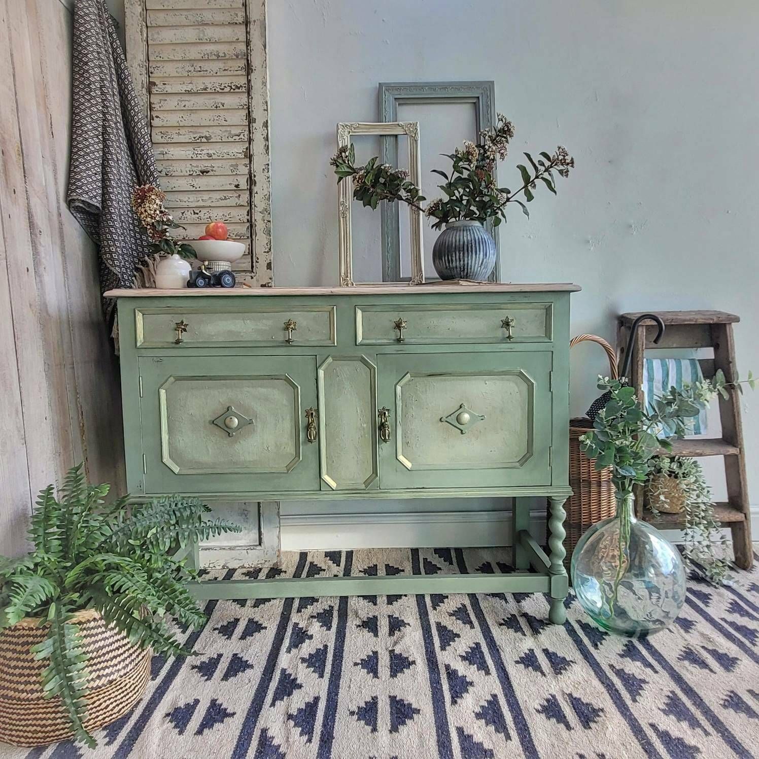 Commission Item   Sideboard Painted Green   Farmhouse Country Boho Style   Gold Accents   Hand Painted photo vinterior
