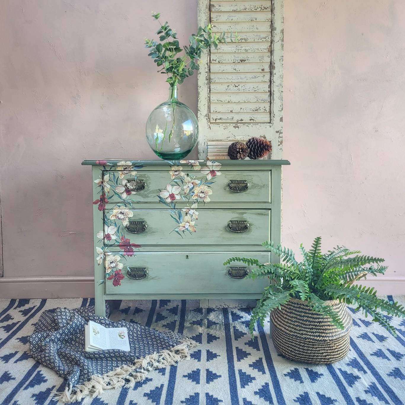 Commission Item Green Chest Of Drawers Hand Painted 3 Drawers Floral Design Bespoke