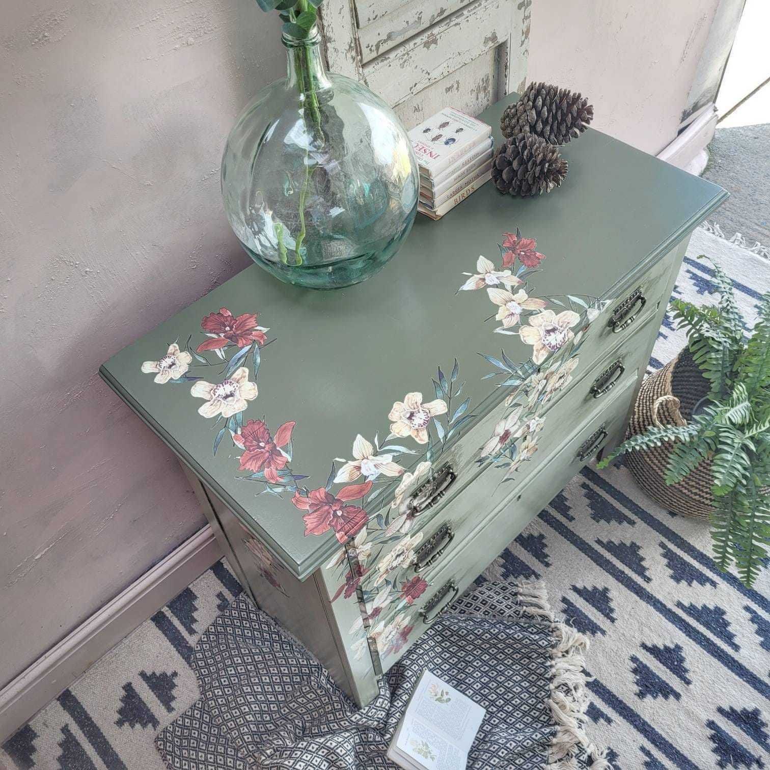 Commission Item Green Chest Of Drawers Hand Painted 3 Drawers Floral Design Bespoke photo furniture