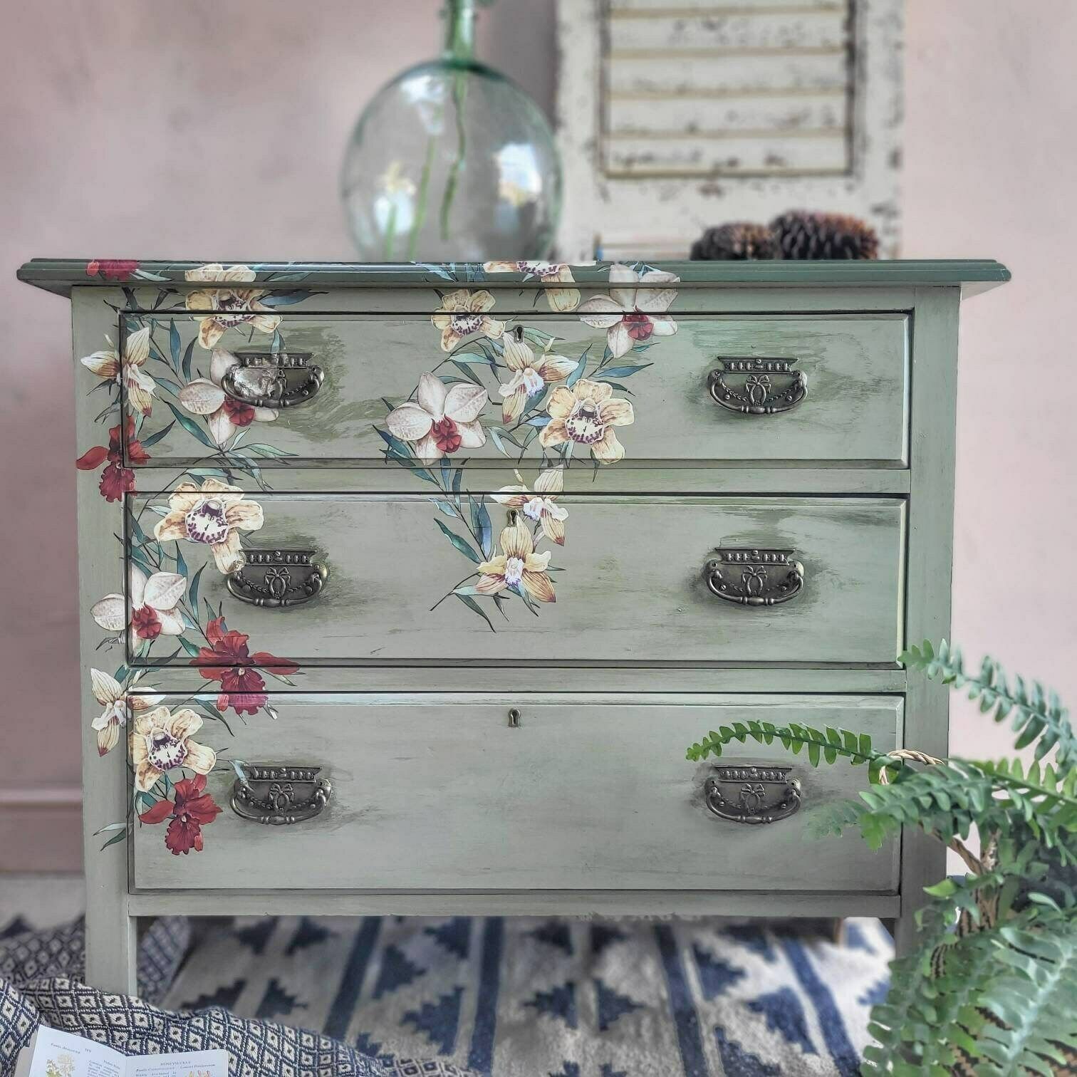 photo furniture Commission Item Green Chest Of Drawers Hand Painted 3 Drawers Floral Design Bespoke