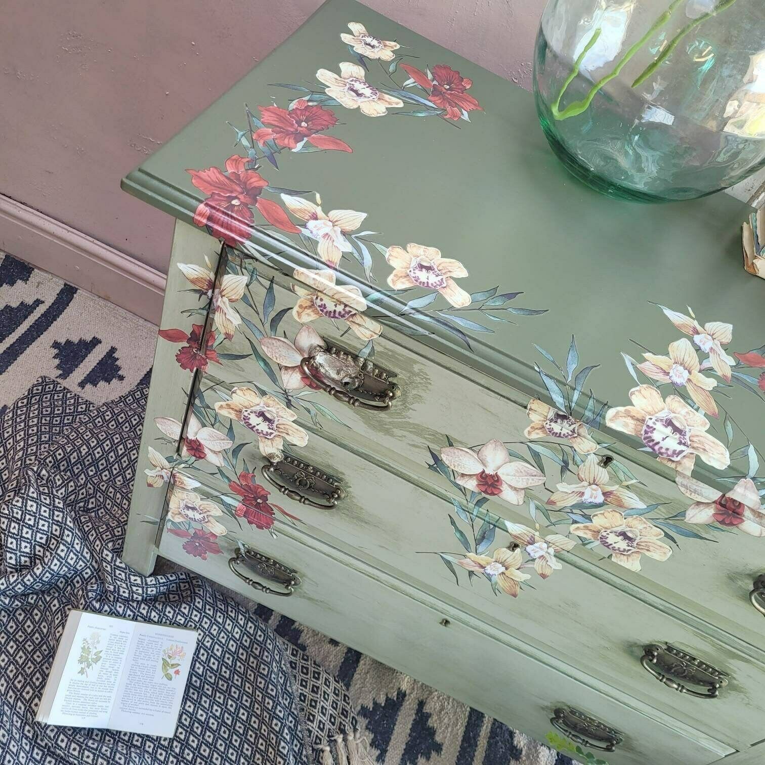 photo for sale Commission Item Green Chest Of Drawers Hand Painted 3 Drawers Floral Design Bespoke