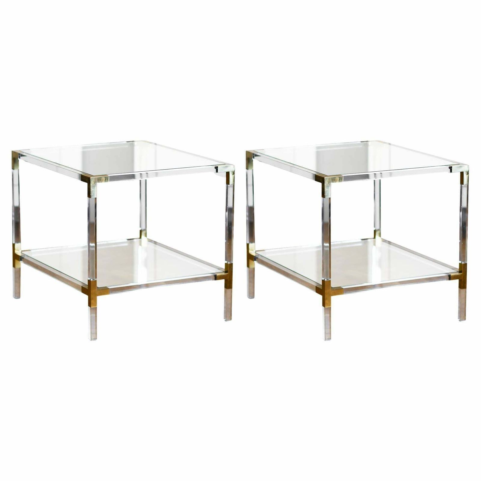 Couple Of Plexi Coffee Tables With Brass Details And Crystal Top, 1980