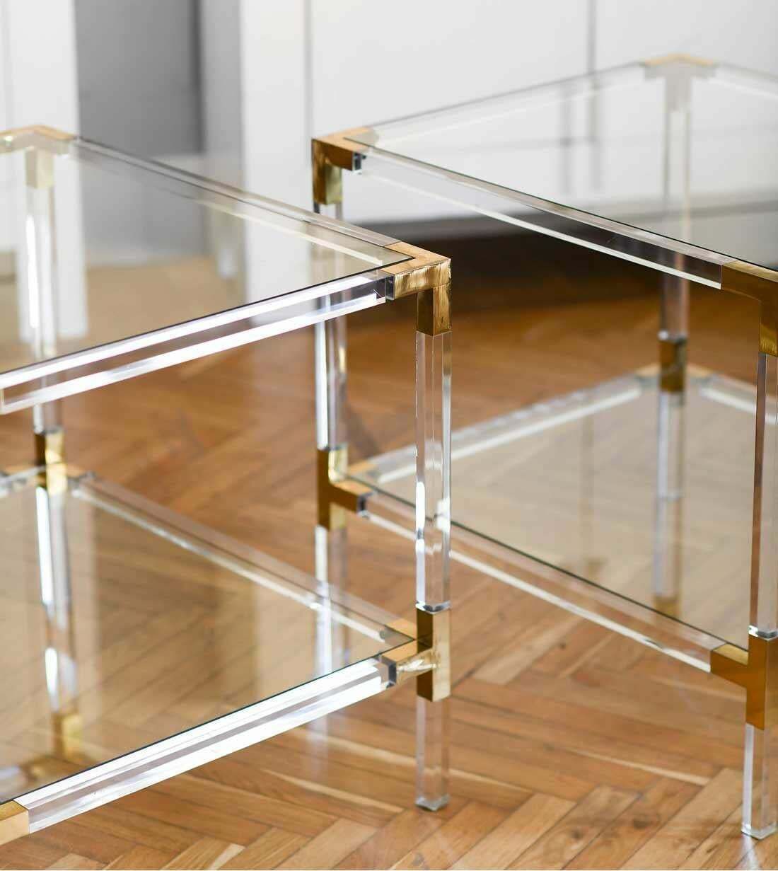 Couple Of Plexi Coffee Tables With Brass Details And Crystal Top, 1980 photo for sale