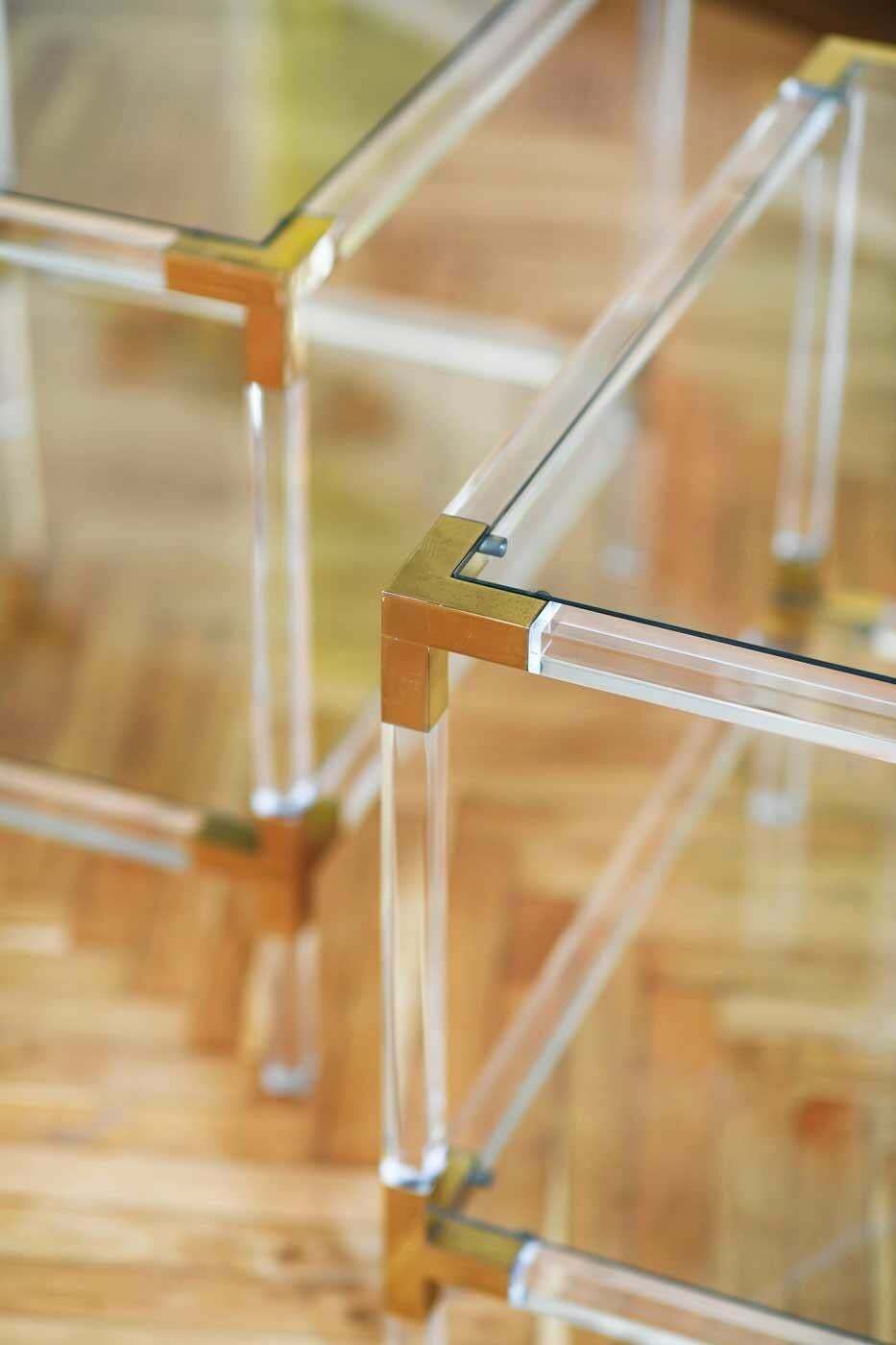 Couple Of Plexi Coffee Tables With Brass Details And Crystal Top, 1980 photo vinterior