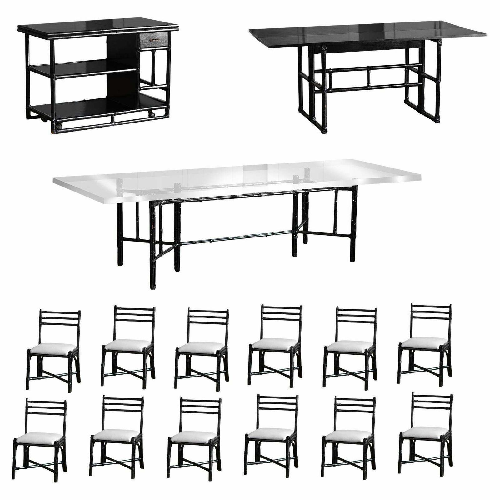 Mcguire" 1970s Dining Room Set In Black Lacquered Rattan