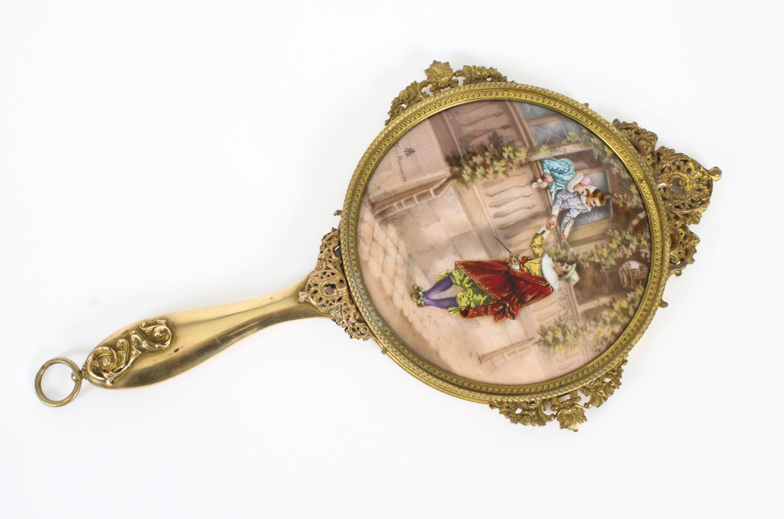 Home Decor Antique French Limoges Ormolu Hand Mirror, Signed Joseph Meissonnier  19th C photo