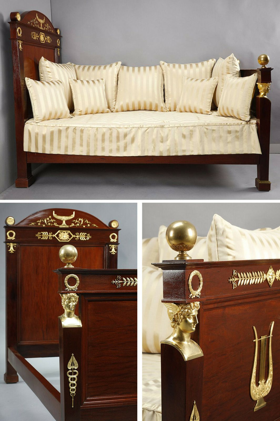Empire Period Mahogany Sofa Bed Decorated With Lyre And Mercury Bust In Gilt Bronze, 19th Century