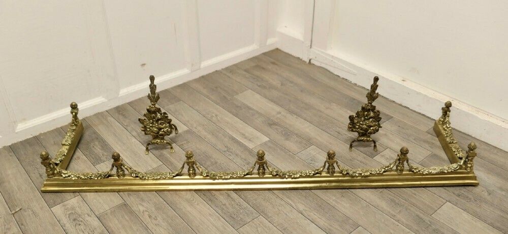 Superb Quality And Design 19th Century Heavy Brass Fender With Andirons photo for sale