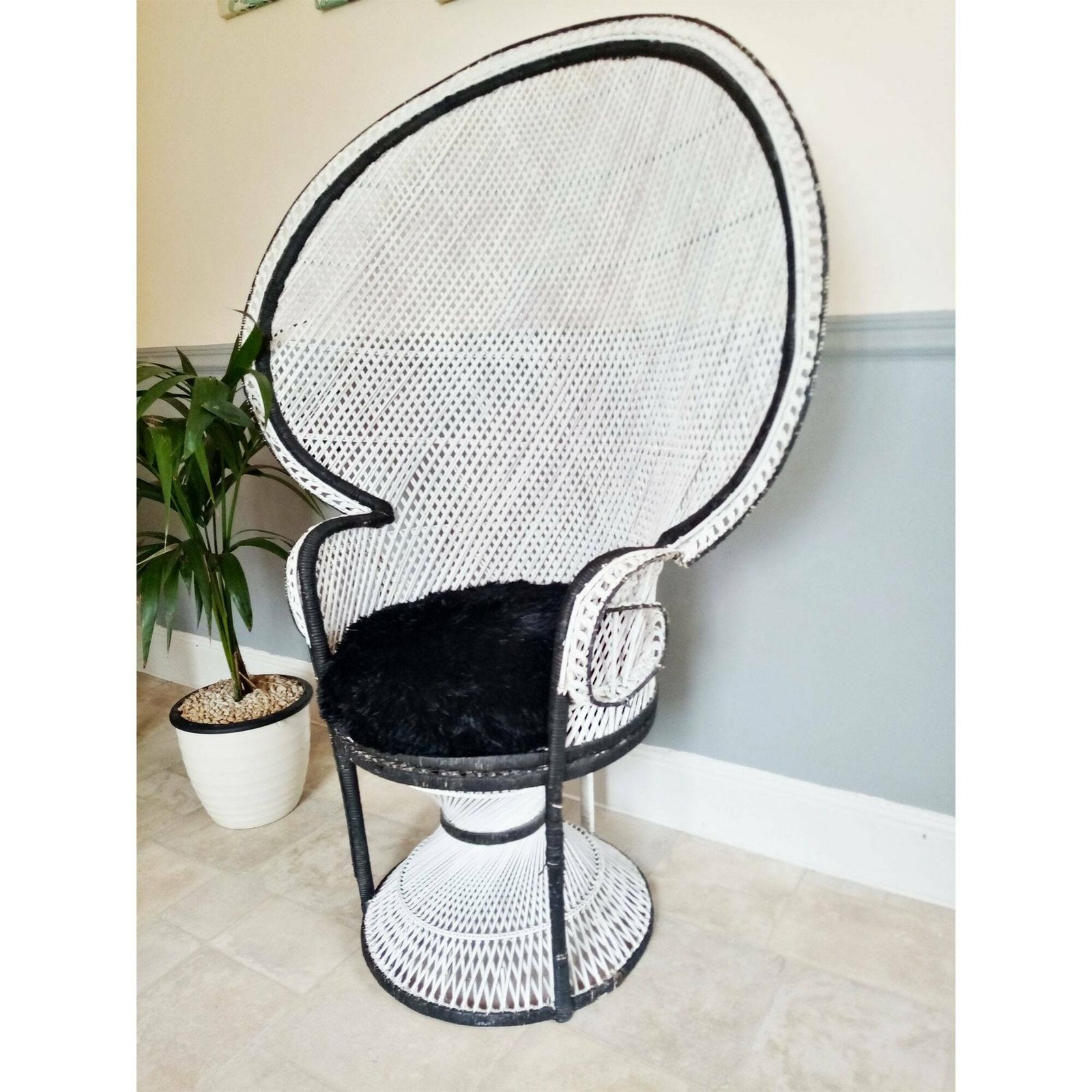 70's X Large Emmanuelle Wicker Peacock Chair   White W/ Black Detail   Wicker Rattan Chair   Boho Chic Retro Cane Chair   Photo / Film Prop photo for sale