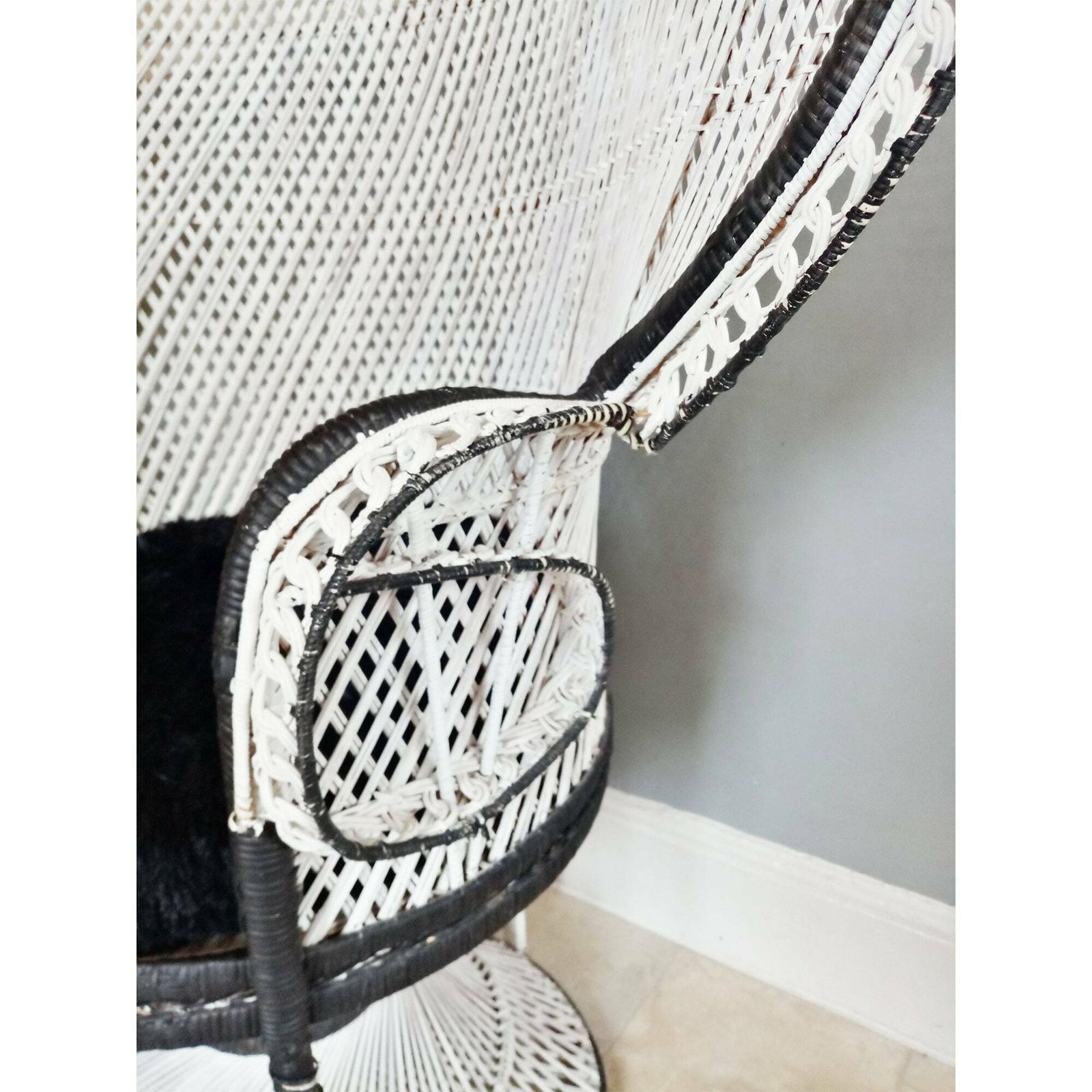 70's X Large Emmanuelle Wicker Peacock Chair   White W/ Black Detail   Wicker Rattan Chair   Boho Chic Retro Cane Chair   Photo / Film Prop photo 550.0