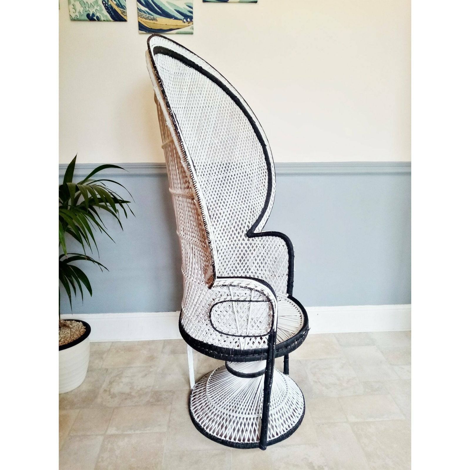 70's X Large Emmanuelle Wicker Peacock Chair   White W/ Black Detail   Wicker Rattan Chair   Boho Chic Retro Cane Chair   Photo / Film Prop photo buy
