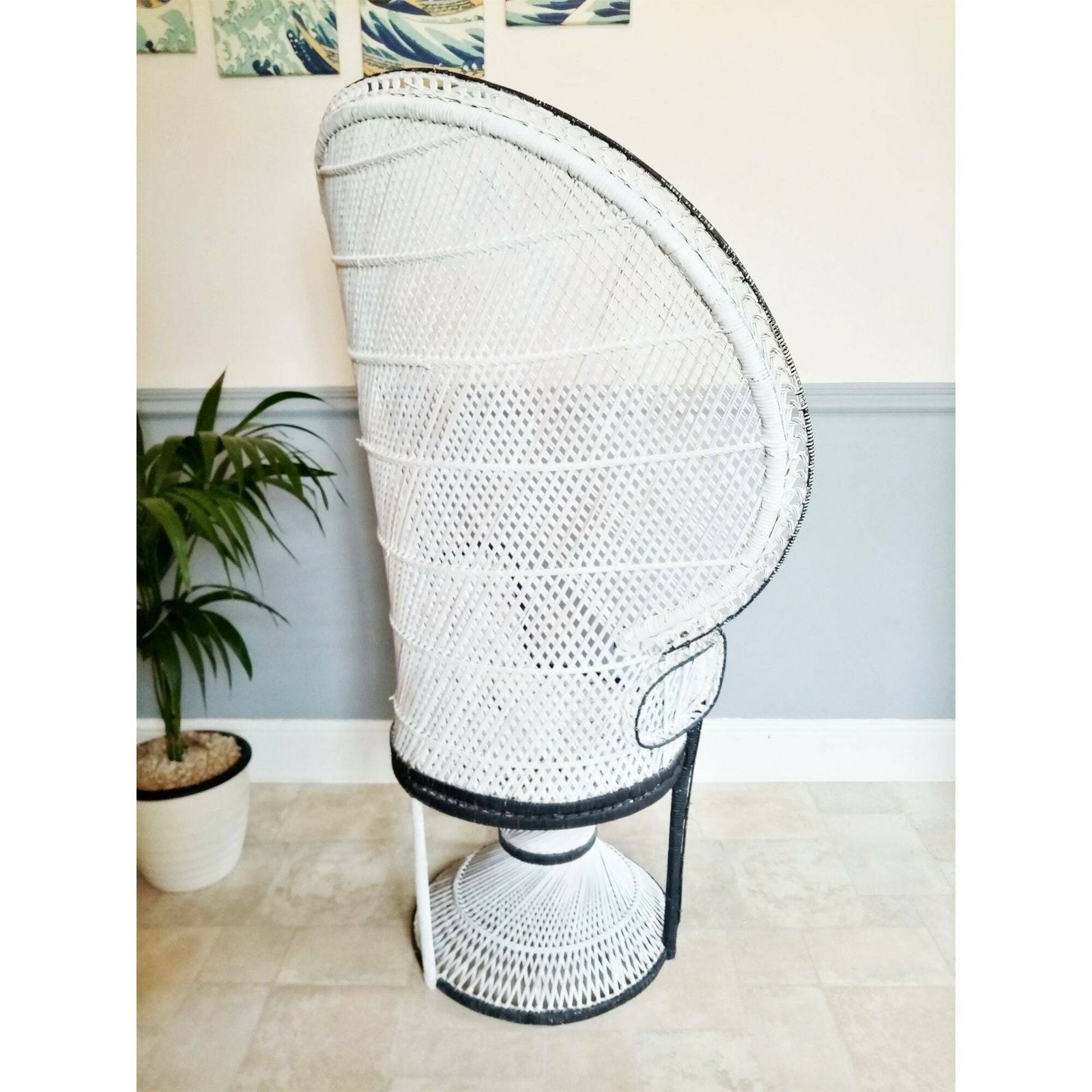 70's X Large Emmanuelle Wicker Peacock Chair   White W/ Black Detail   Wicker Rattan Chair   Boho Chic Retro Cane Chair   Photo / Film Prop photo buy