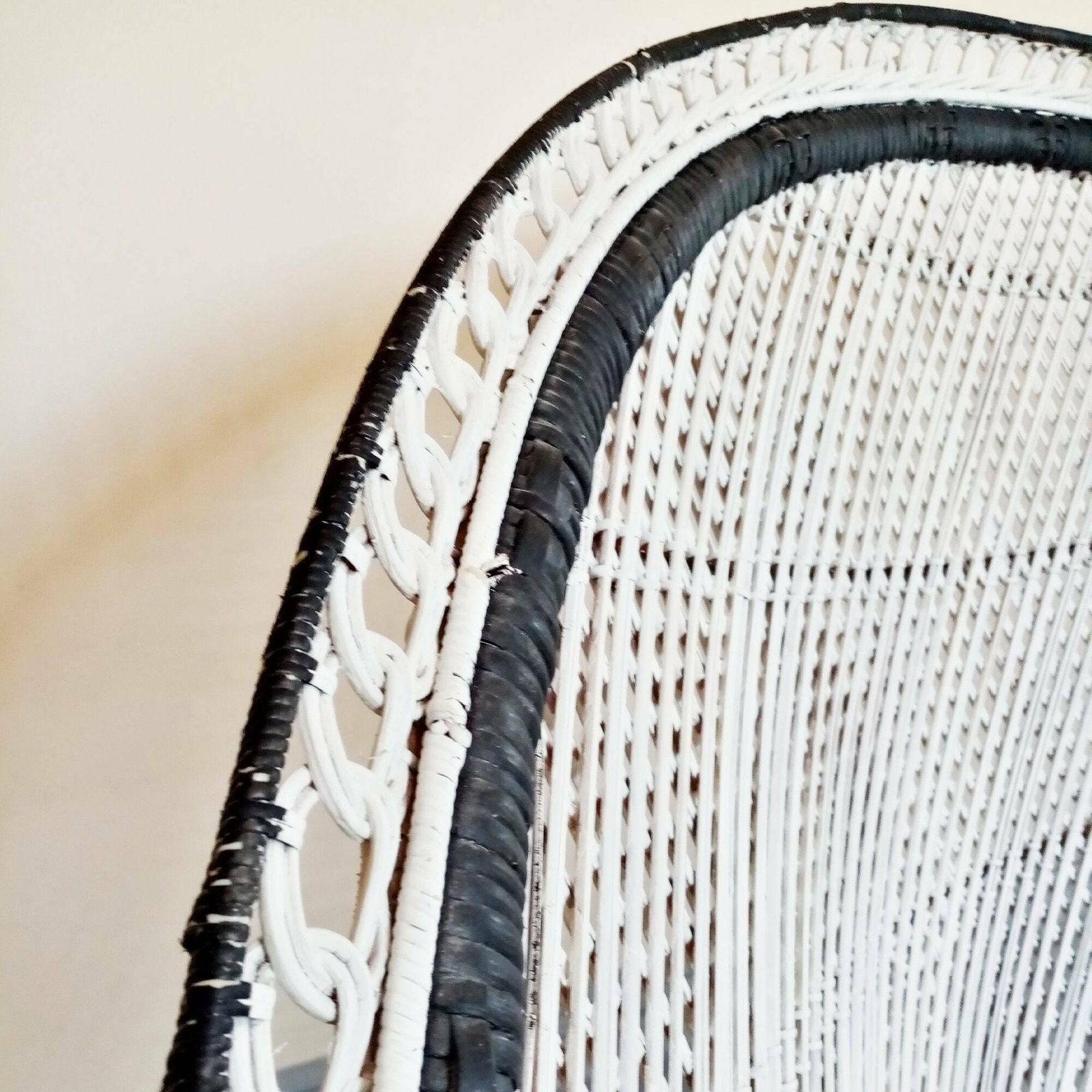 photo for sale 70's X Large Emmanuelle Wicker Peacock Chair   White W/ Black Detail   Wicker Rattan Chair   Boho Chic Retro Cane Chair   Photo / Film Prop