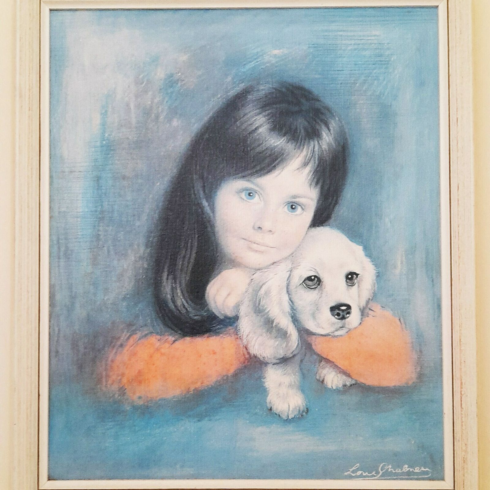 60's Original Large Vintage Framed Art   Puppy Love By Louis Shabner   Gouache On Board   Girl & Puppy   Kitsch Retro Wall Art