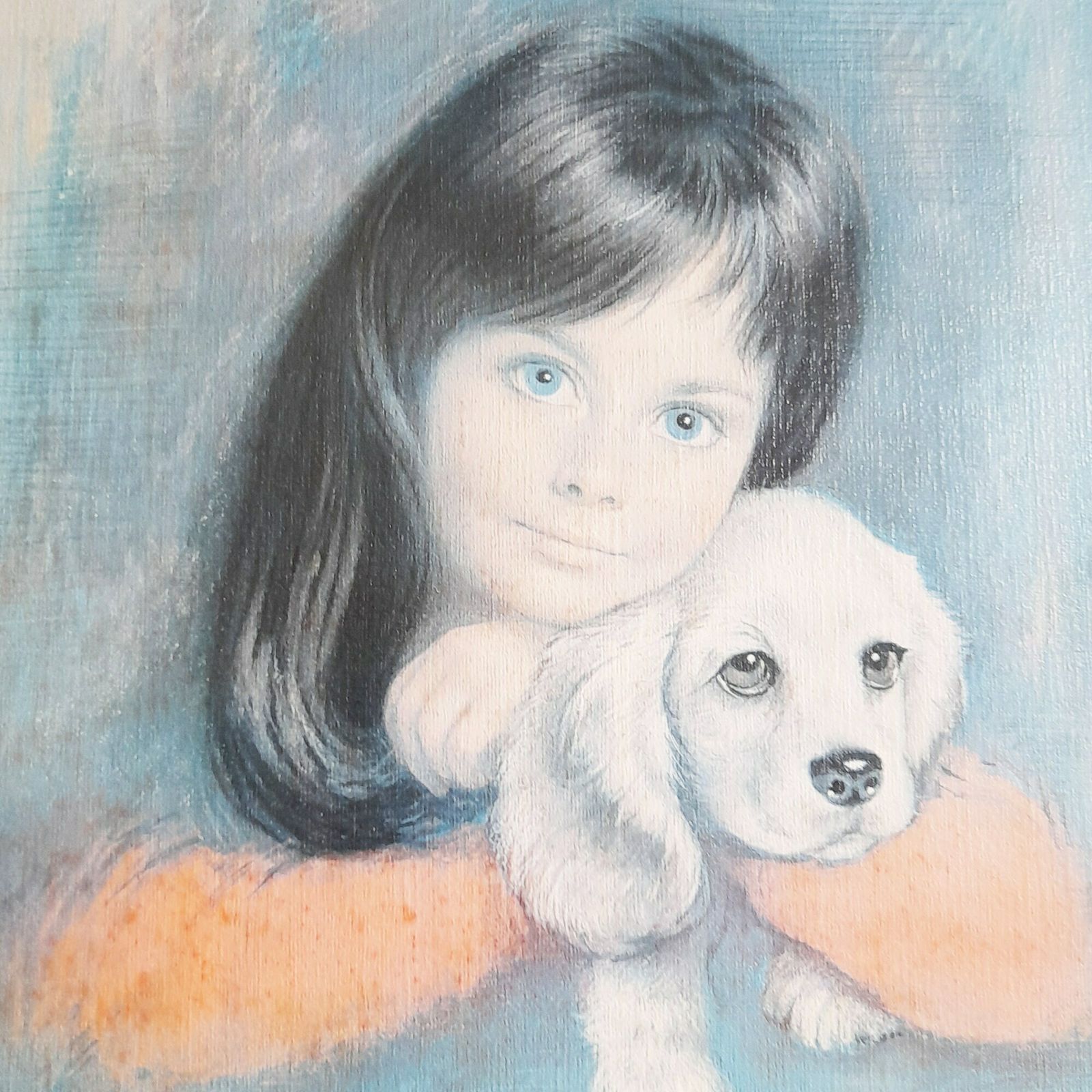 60's Original Large Vintage Framed Art   Puppy Love By Louis Shabner   Gouache On Board   Girl & Puppy   Kitsch Retro Wall Art photo for sale