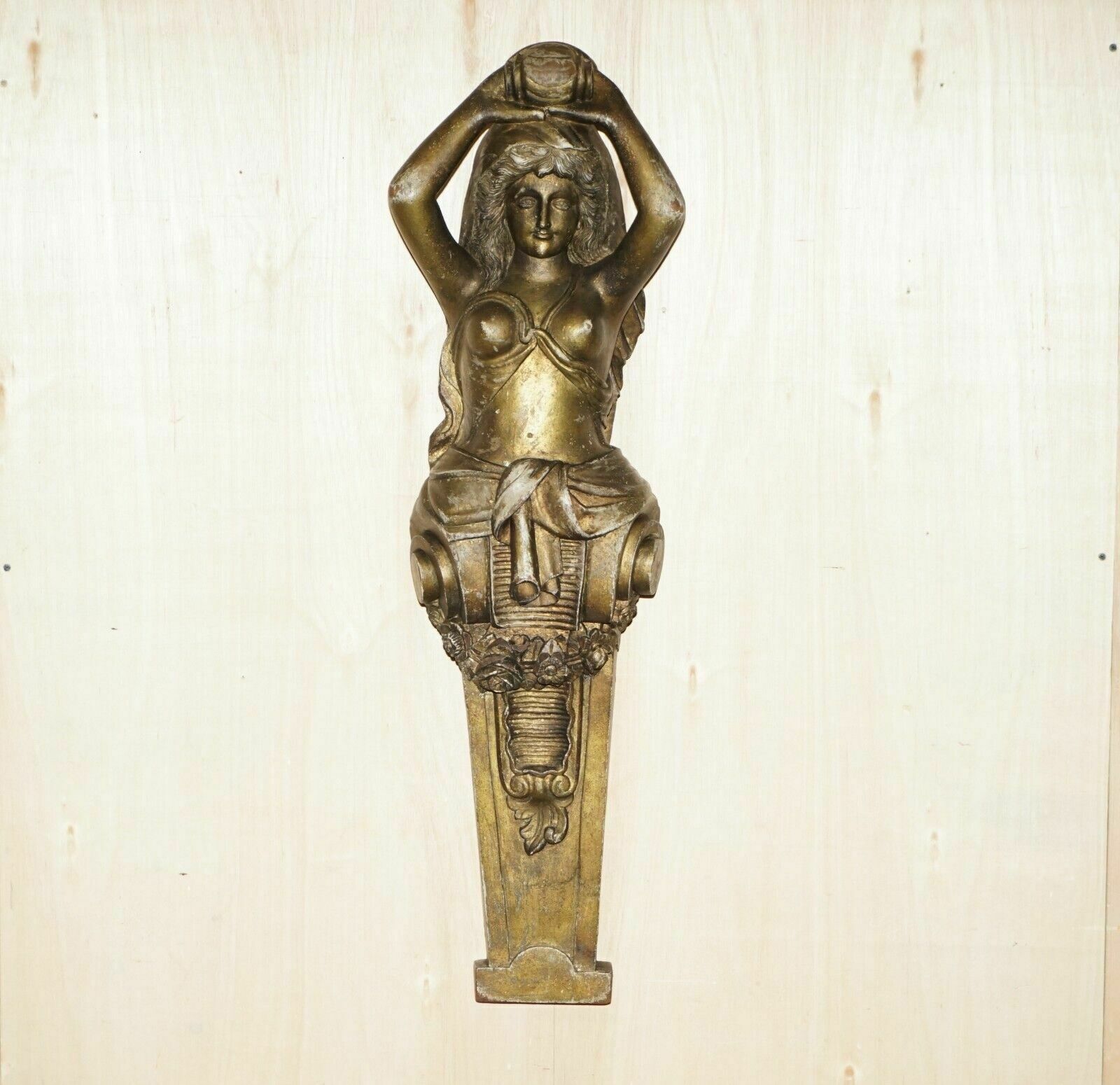 Antique Italian Circa 1880 Hand Carved Gold Giltwood Caryatid Herm Statue