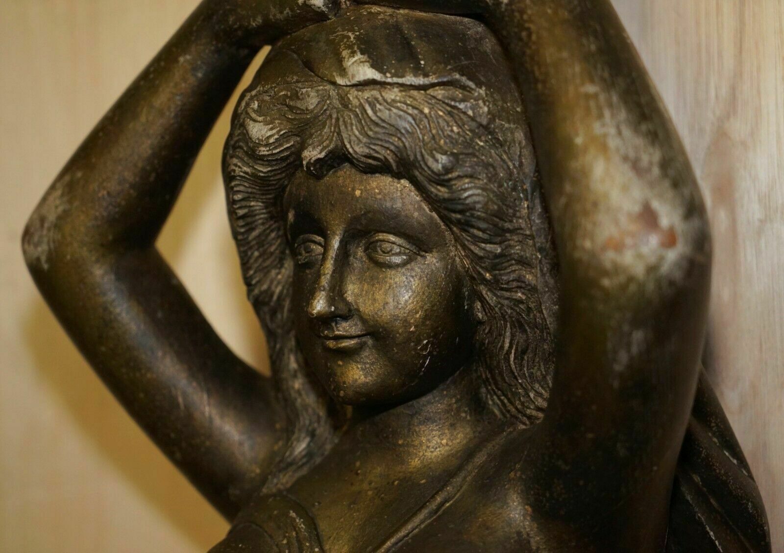 Antique Italian Circa 1880 Hand Carved Gold Giltwood Caryatid Herm Statue photo vinterior