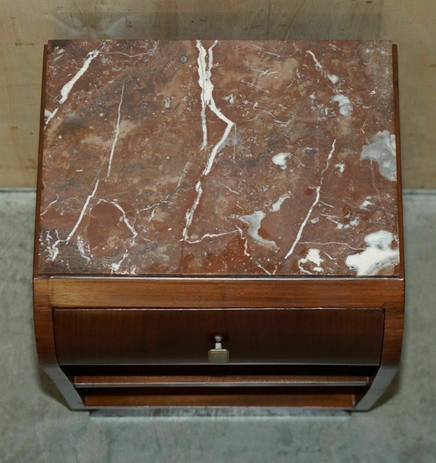 photo furniture Fine Pair Of Antique French Art Deco Mahogany & Marble Topped Bedside Tables