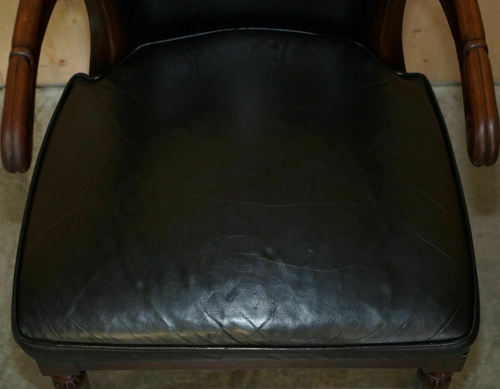 photo for sale Antique Original Regency 1815 Black Leather Mahogany Horseshoe Office Desk Chair