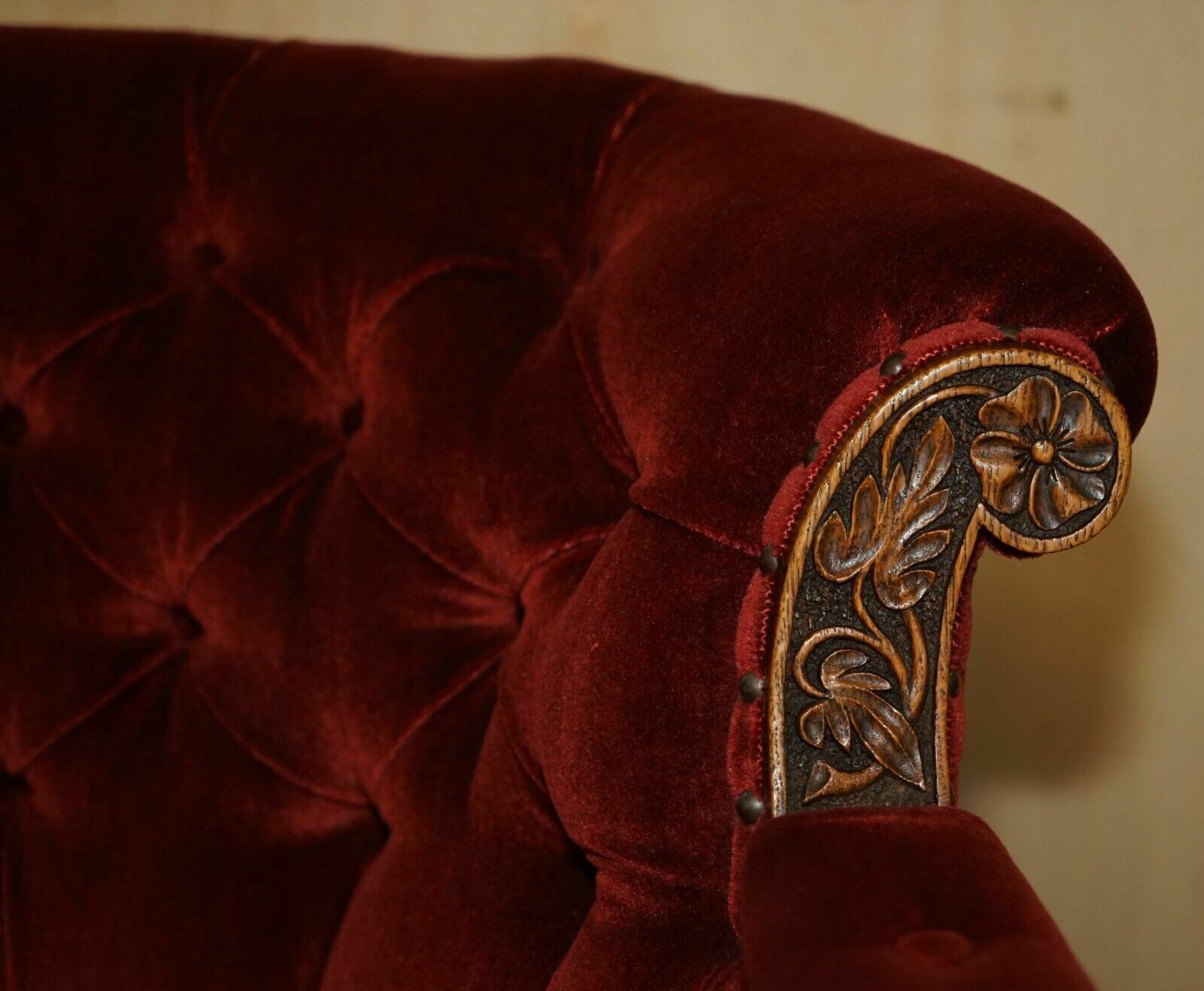 Antique Regency Circa 1810 Oak Carved Armchair With Lions Head Oxblood Velour photo vinterior