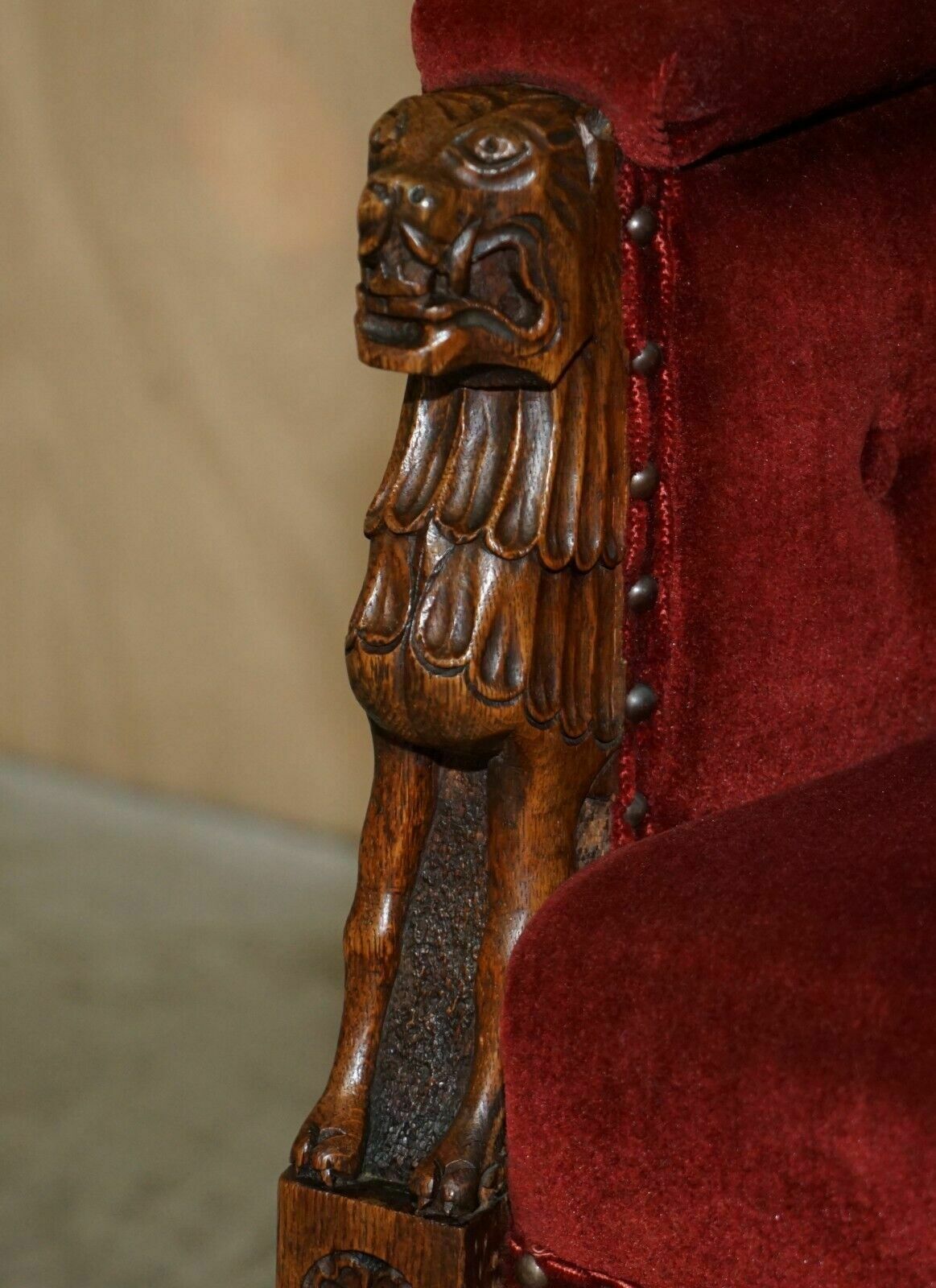 Antique Regency Circa 1810 Oak Carved Armchair With Lions Head Oxblood Velour photo buy