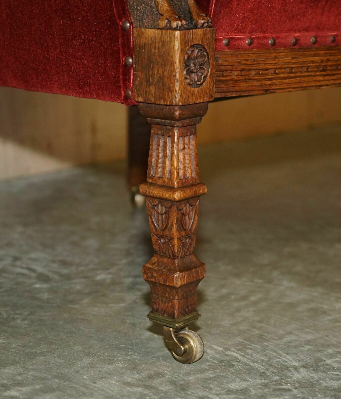 photo for sale Antique Regency Circa 1810 Oak Carved Armchair With Lions Head Oxblood Velour