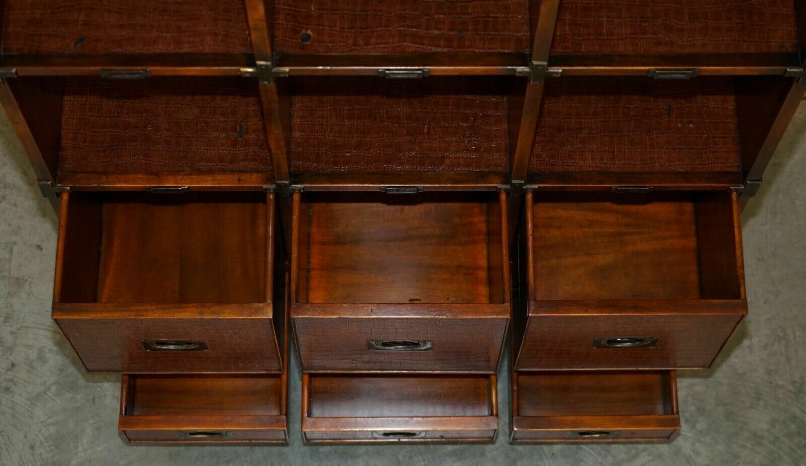 3950.0 Pair Of Crocodile Leather Open Library Bookcases With Drawers & Record Slots photo