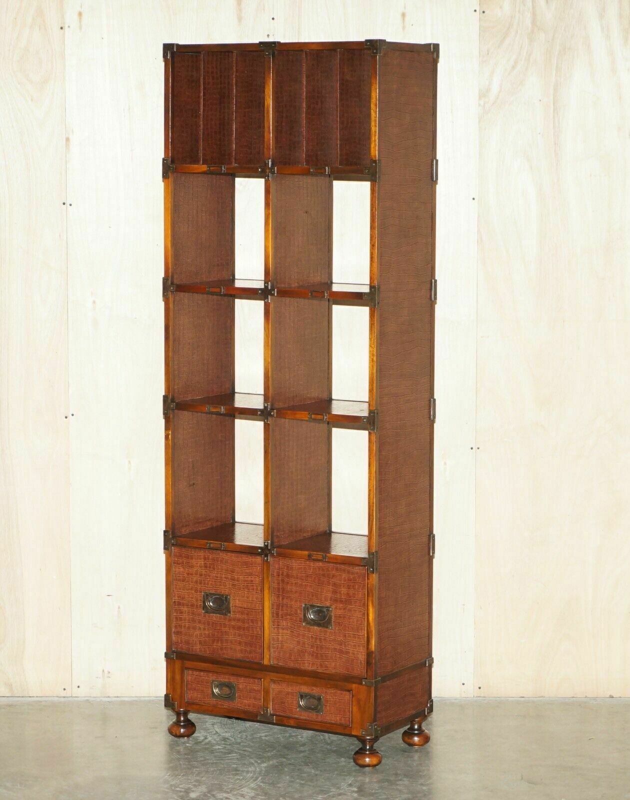 photo vinterior Pair Of Crocodile Leather Open Library Bookcases With Drawers & Record Slots