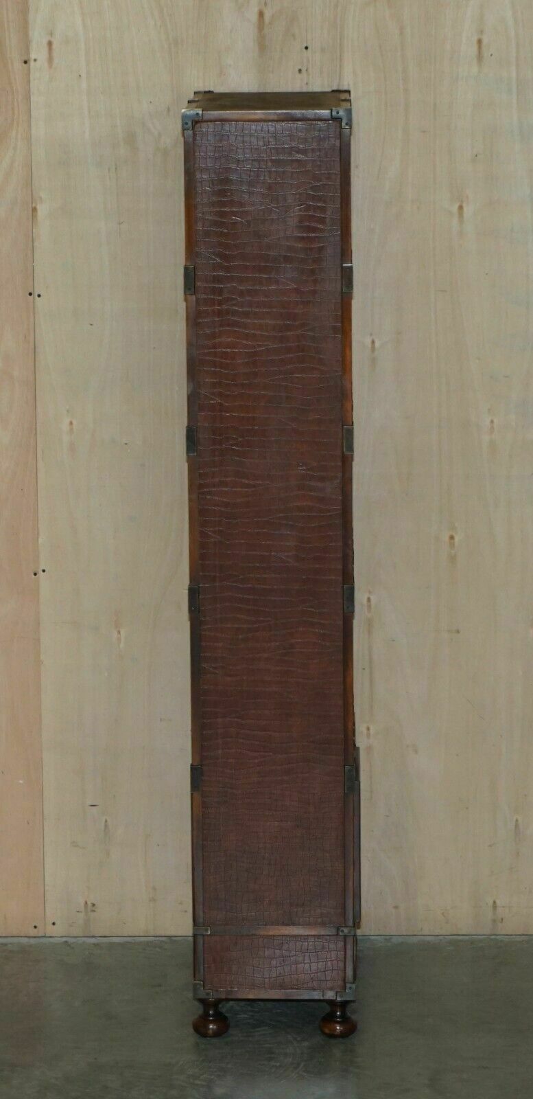 photo vintage Pair Of Crocodile Leather Open Library Bookcases With Drawers & Record Slots