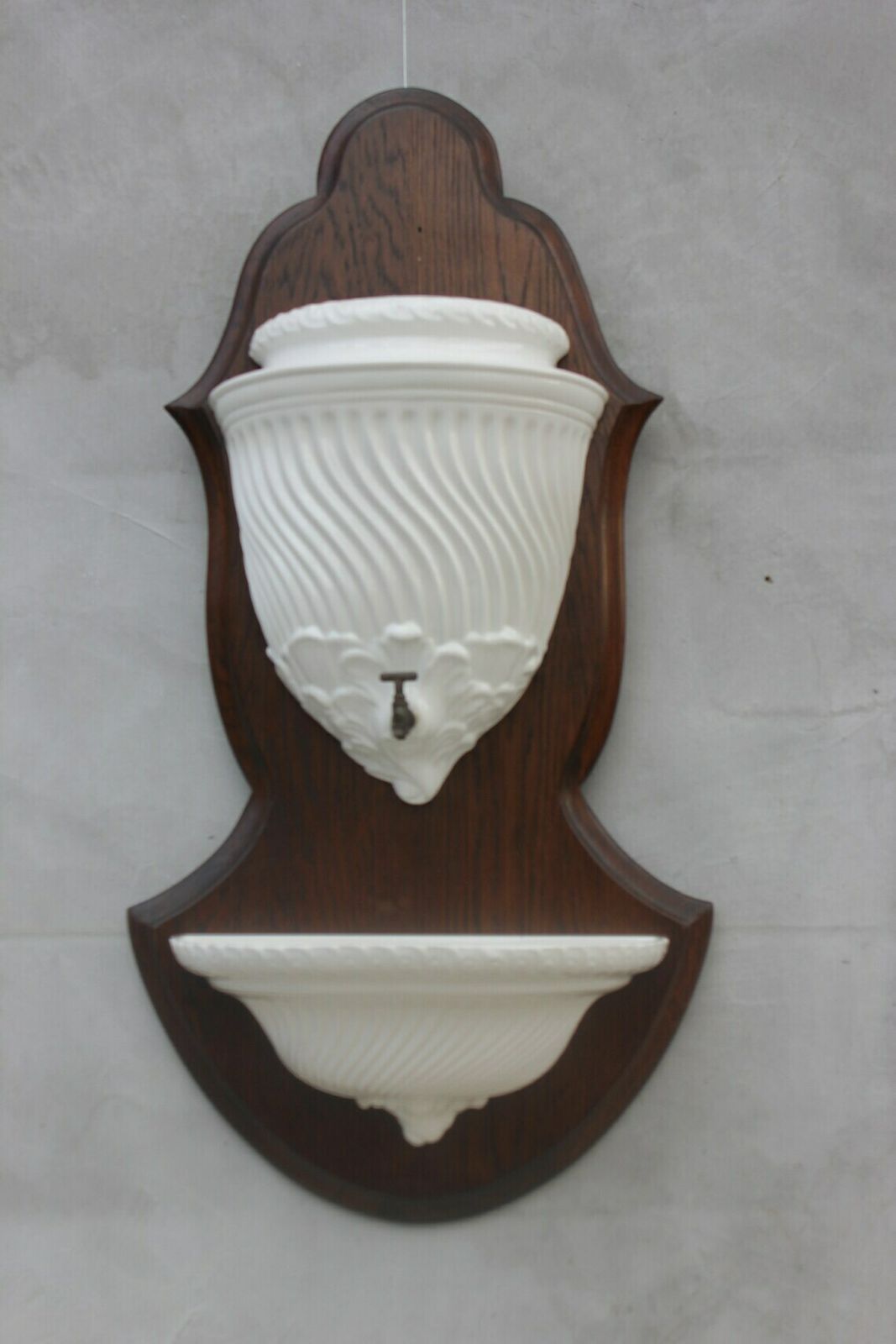 White Faience Wall Fountain  Made In Italy Wall Hanging Garden Accessory Mounted On A Wooden Board photo furniture