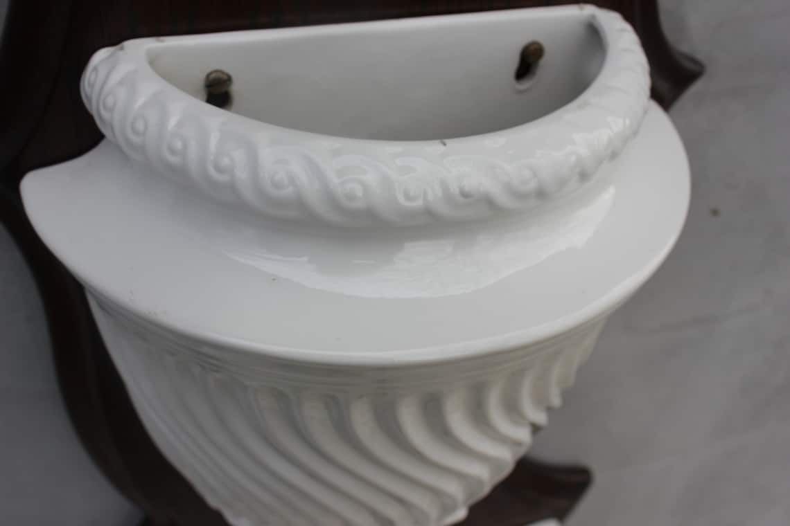 White Faience Wall Fountain  Made In Italy Wall Hanging Garden Accessory Mounted On A Wooden Board photo buy