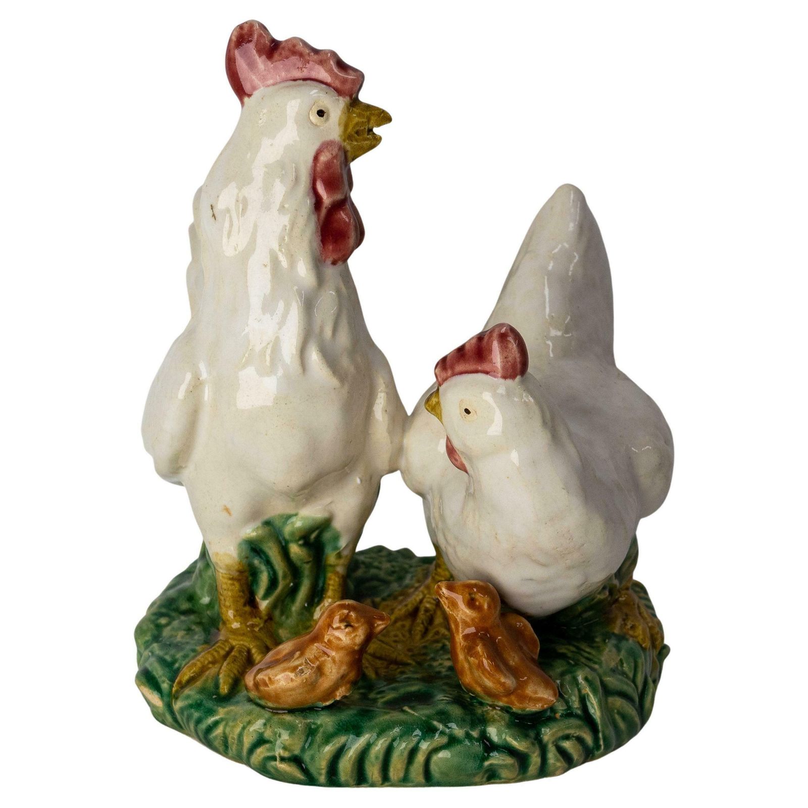 French Ceramic Barbotine Chicken Family Chicken And Chicks Group, Circa 1900 C
