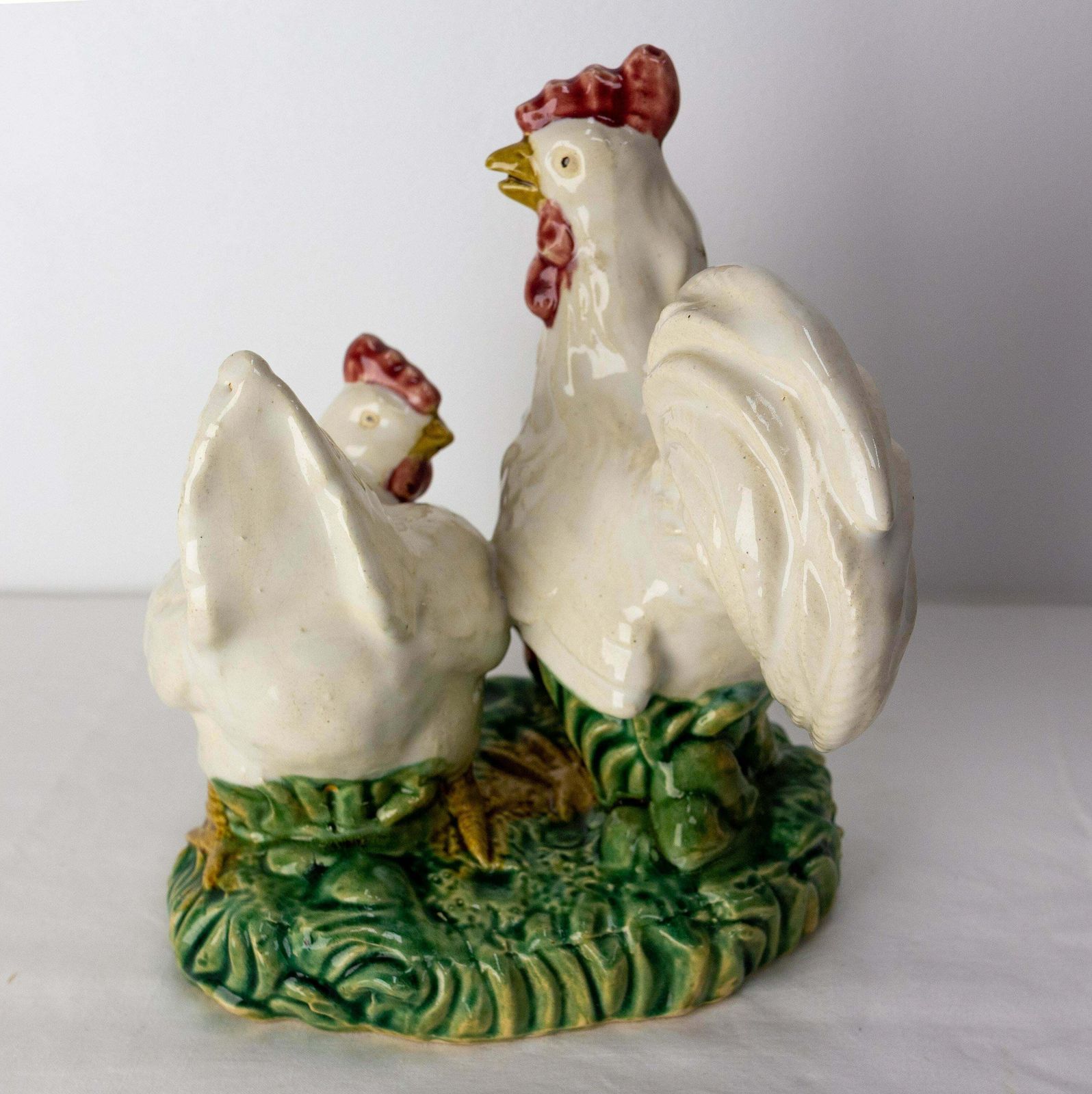 French Ceramic Barbotine Chicken Family Chicken And Chicks Group, Circa 1900 C photo Art