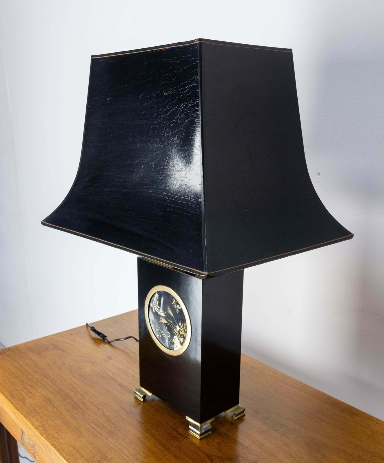 French Mid Century Table Lamp, Black With A Decof Of Butterflies, C. 1970 photo for sale