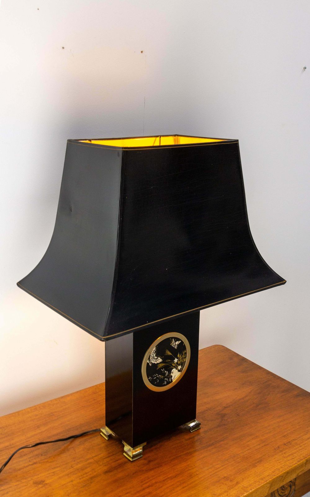 French Mid Century Table Lamp, Black With A Decof Of Butterflies, C. 1970 photo Lighting