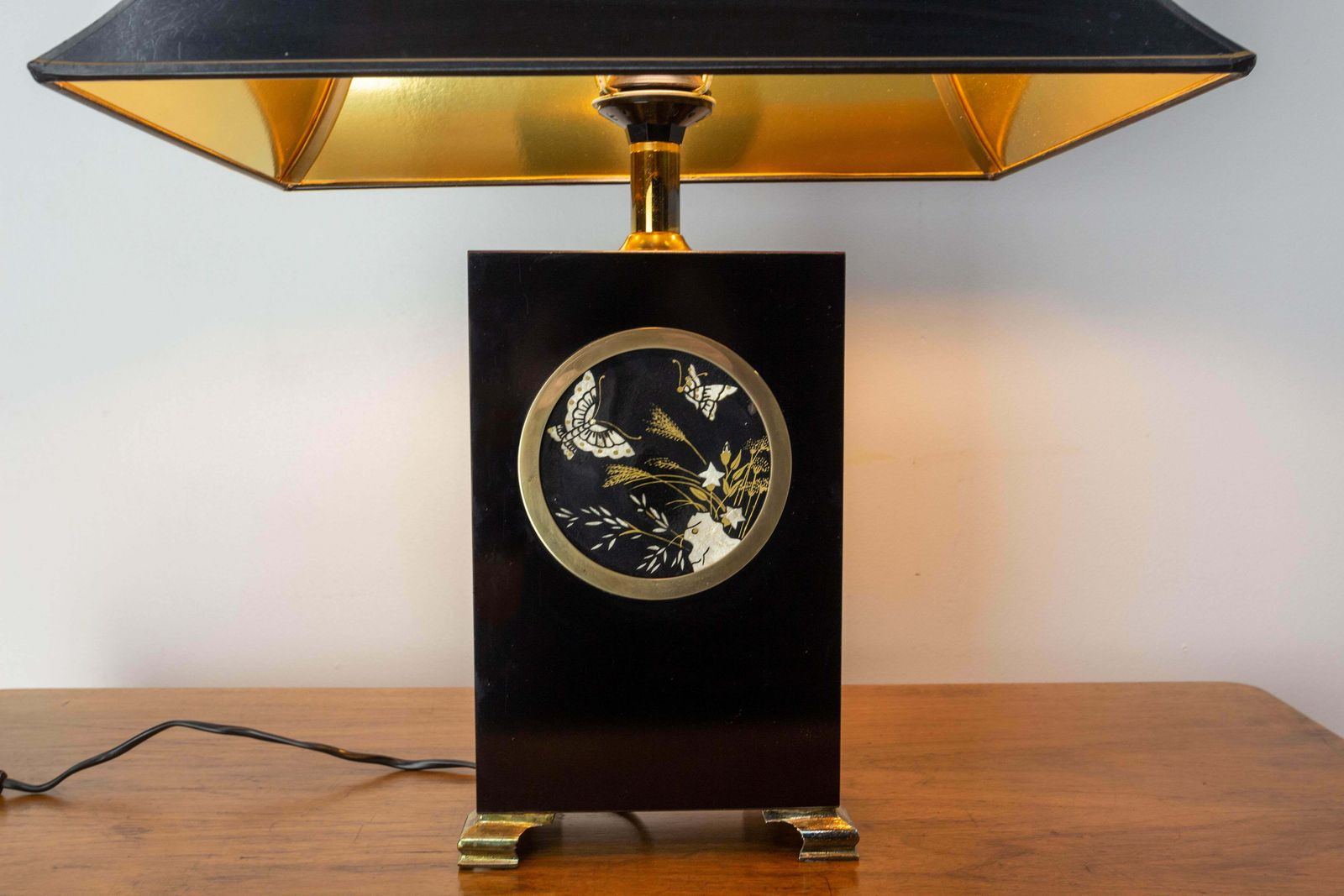 French Mid Century Table Lamp, Black With A Decof Of Butterflies, C. 1970 photo vinterior