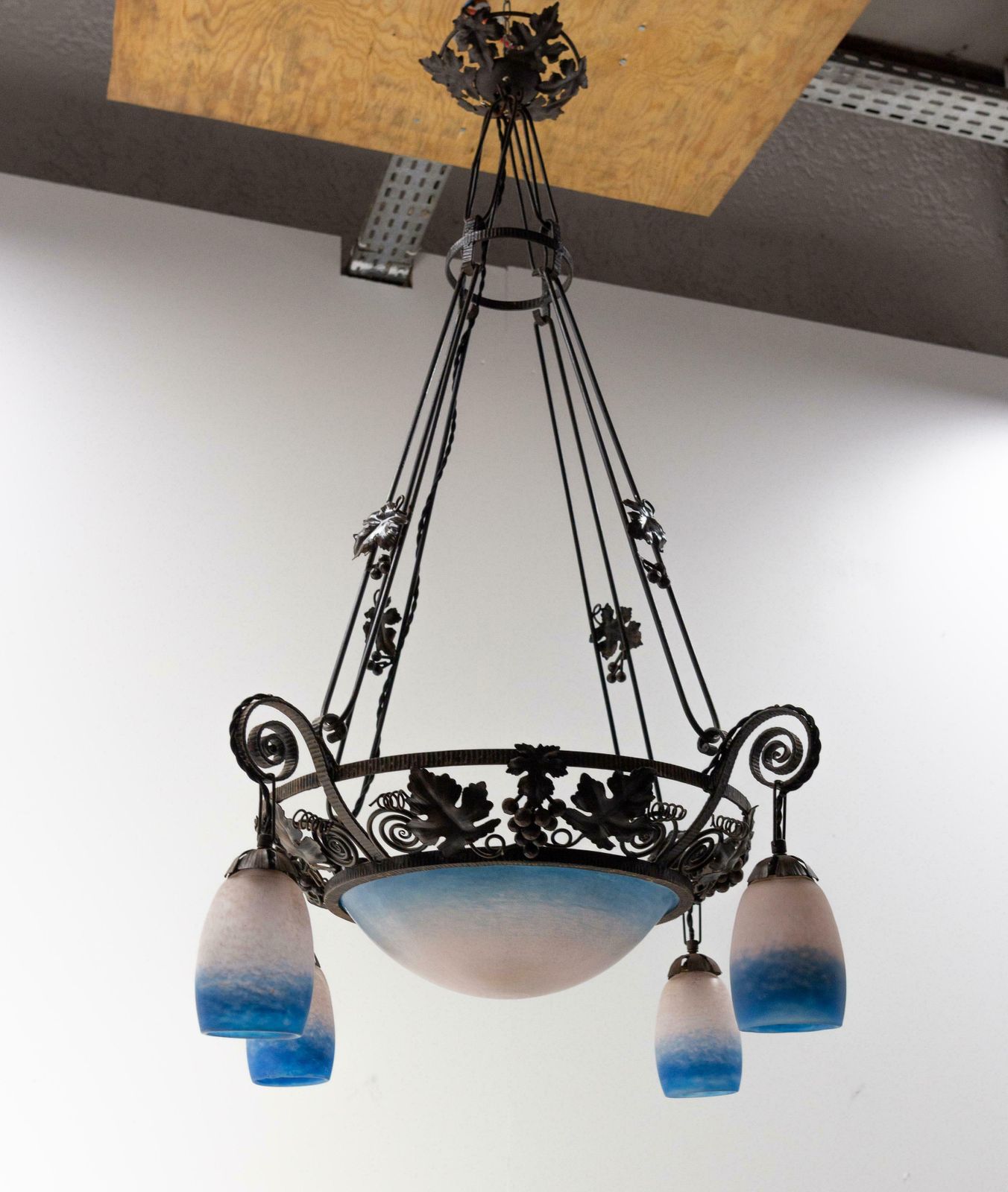 French Art Deco Chandelier Coloured Glass & Wrought Iron Ceiling Pendant, C 1930 photo furniture