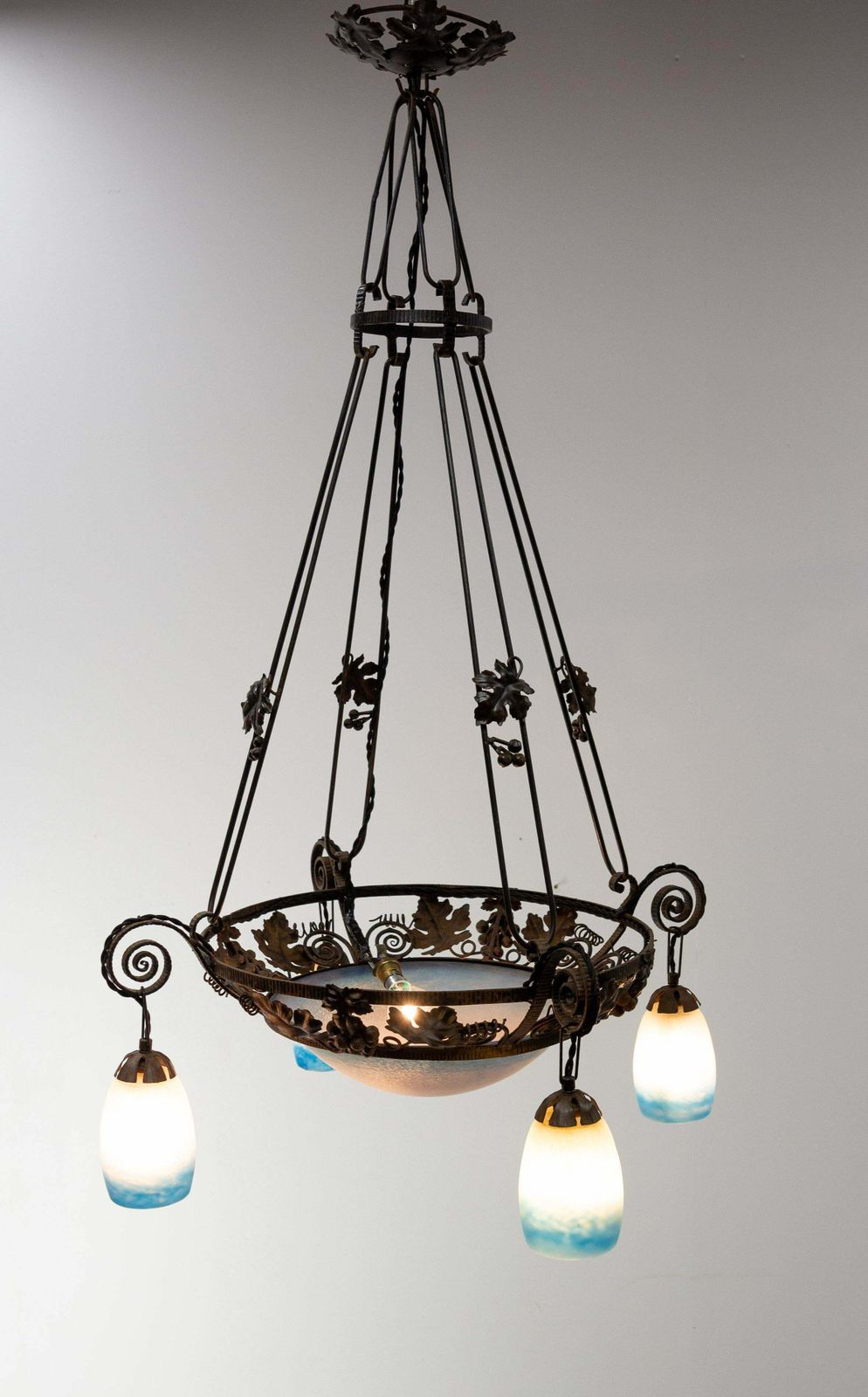French Art Deco Chandelier Coloured Glass & Wrought Iron Ceiling Pendant, C 1930 photo 2065.0