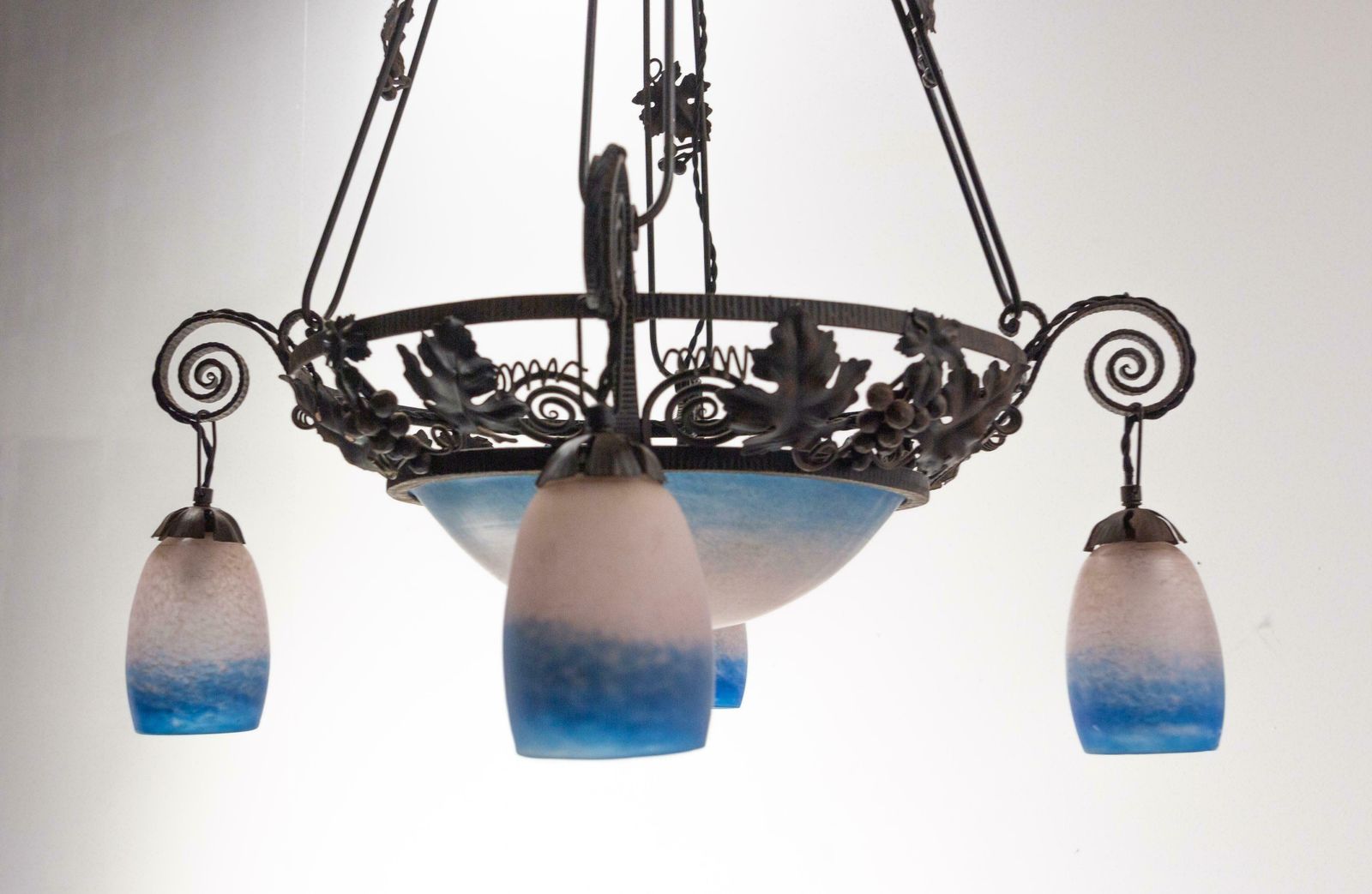 French Art Deco Chandelier Coloured Glass & Wrought Iron Ceiling Pendant, C 1930 photo buy