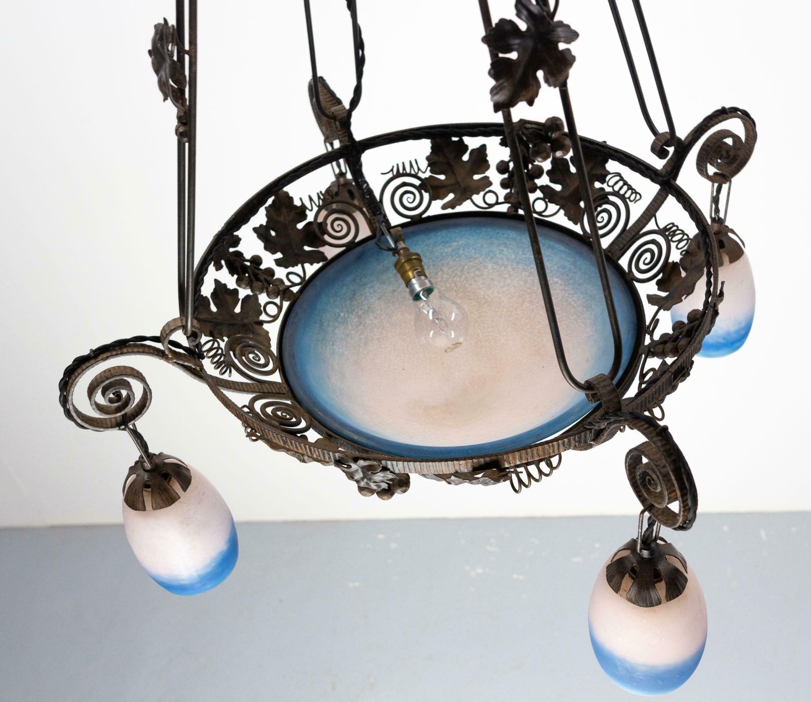 photo furniture French Art Deco Chandelier Coloured Glass & Wrought Iron Ceiling Pendant, C 1930